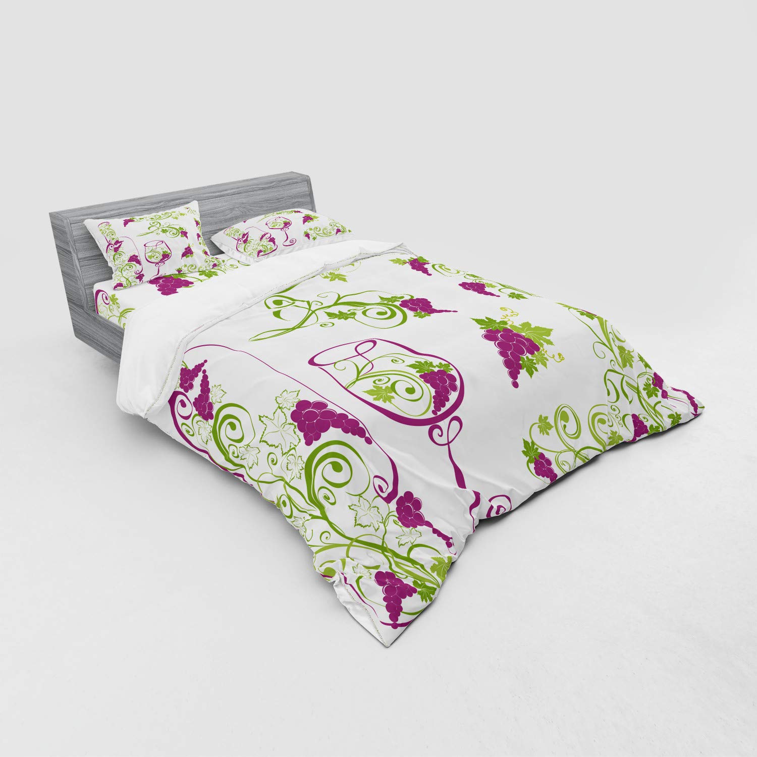 Ambesonne 4-Piece Queen Wine Themed Bedding Set - Purple, Lime Green & White Duvet Cover with Pillow Shams & Fitted Sheet | Grapevines, Wine Bottle & Glass Design | Perfect for Wine Lovers' Bedroom Decor, Gift Ideas & Vineyard Themed Rooms