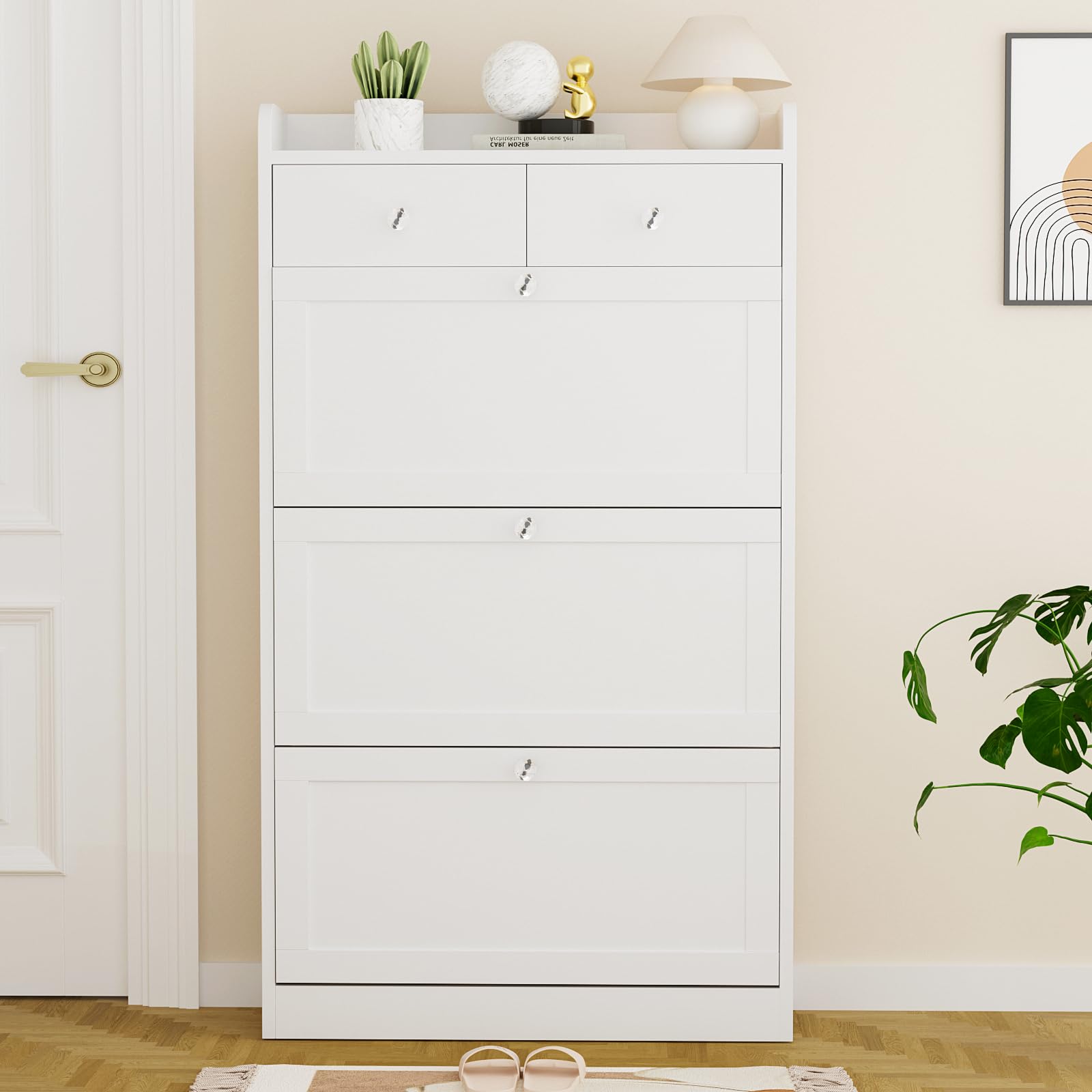 VOWNER 3-Tier Shoe Storage Cabinet with Flip Drawers & Adjustable Shelves - Freestanding Entryway Organizer for Shoes, Boots & Accessories - Perfect for Hallway, Living Room & Closet Organization (White)