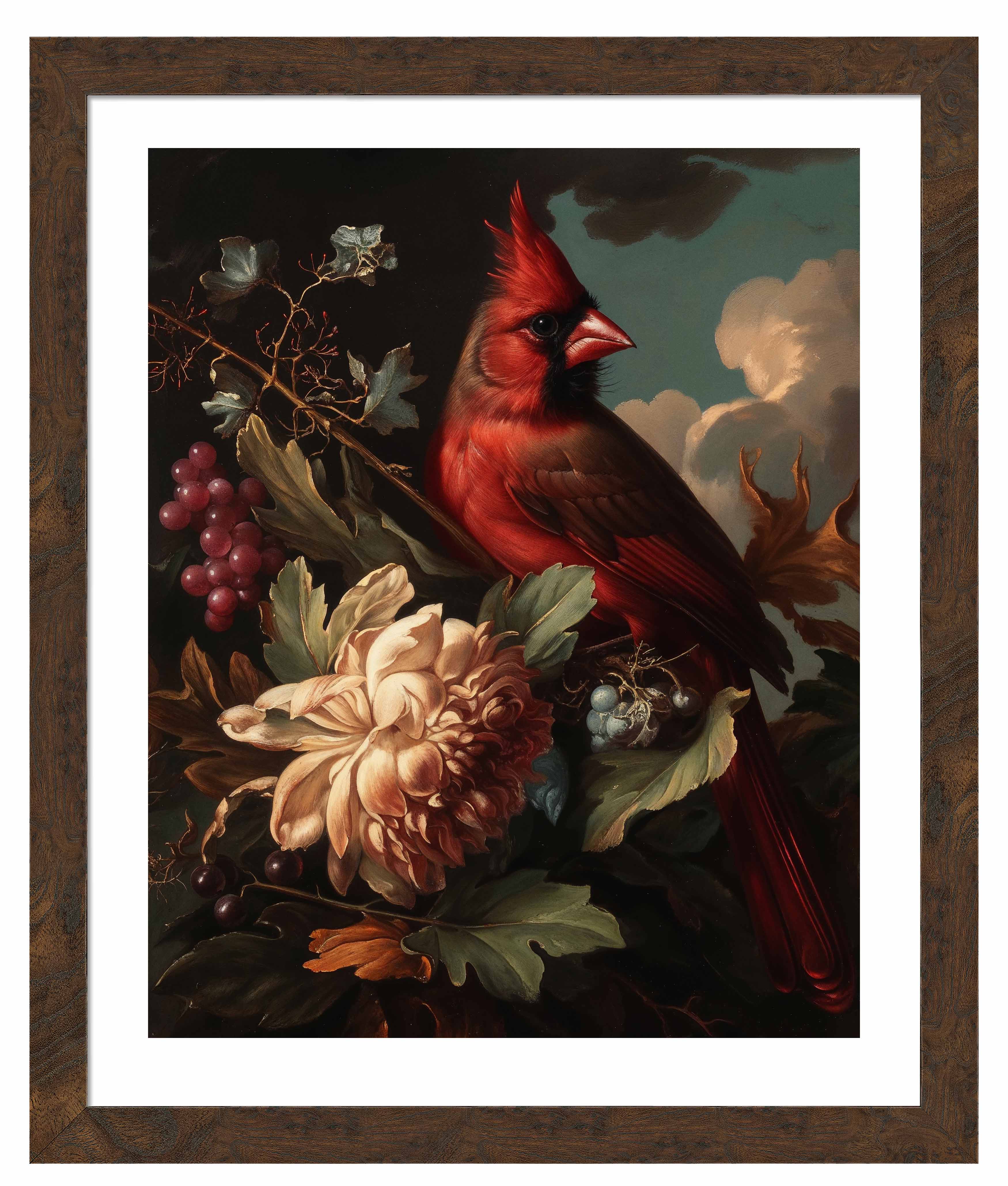 Cardinal Amongst Blooms Art Print - Vibrant Red Bird Wall Decor for Home, Office & Gifts | Nature-Inspired Painting for Living Room, Bedroom & Study