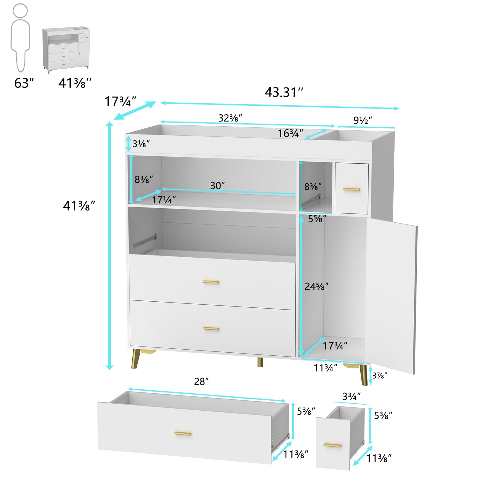 PakaLife Baby Changing Table with 5 Drawers & Cabinet - White Nursery Dresser for Diaper Changing & Storage - Perfect for Baby Rooms, Daycares & Parenting Essentials