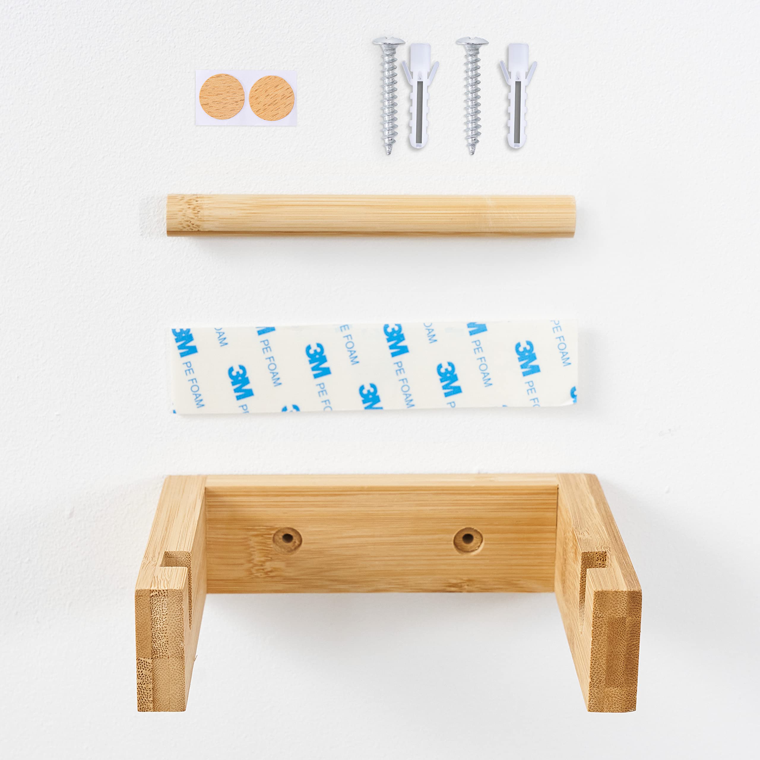 HENNEZ Bamboo Toilet Paper Holder Wall Mount - Adhesive Bathroom Tissue Roll Holder - Wooden Bathroom Storage Organizer - Perfect for Small Bathrooms, RVs, and Vanity Spaces
