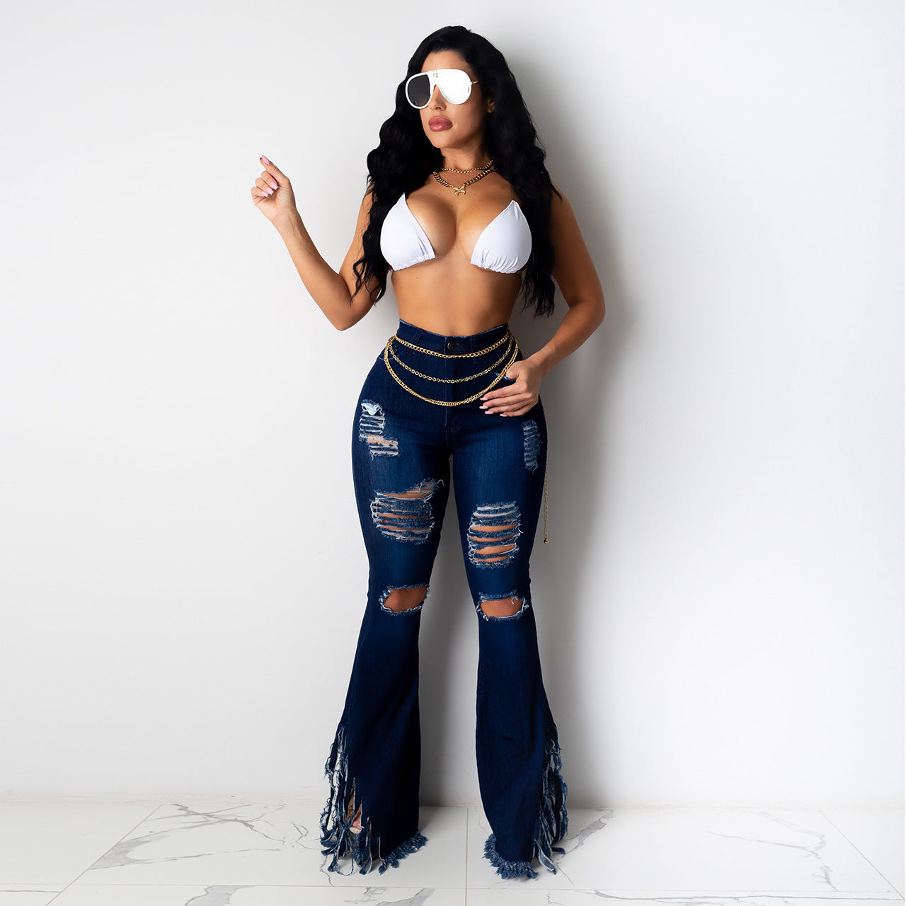 Ripped Denim Tassel High Rise Jeans for Women - Trendy Distressed Skinny Jeans with Fringe Details | Perfect for Casual Outfits, Street Style & Night Out