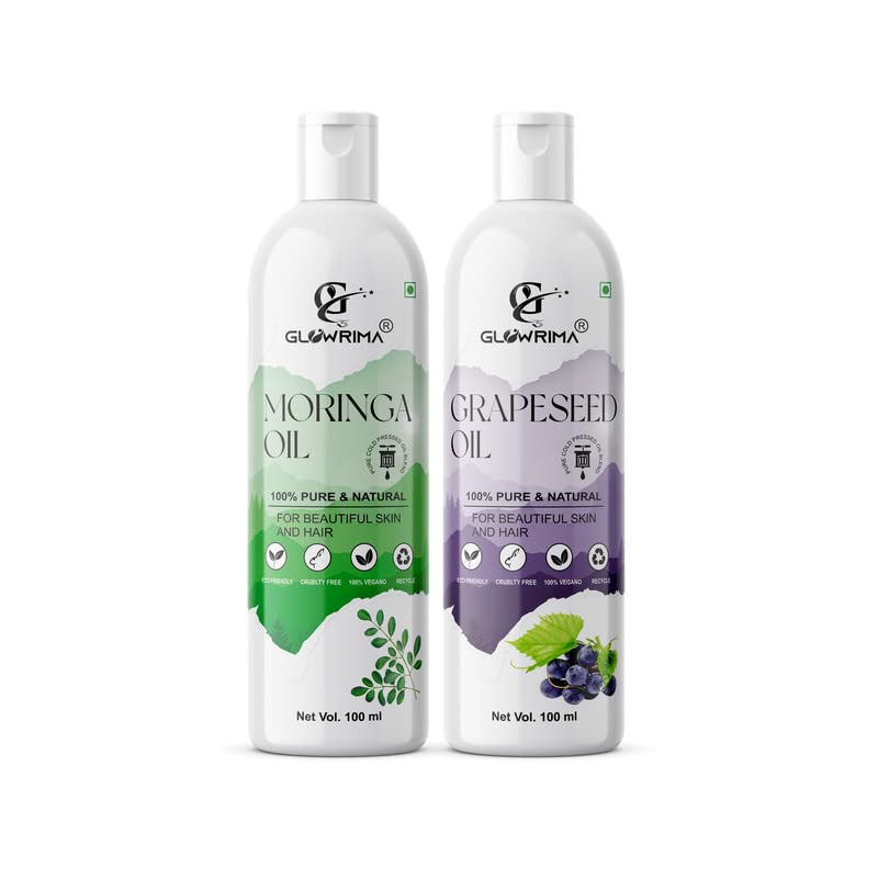 Glowrima 100% Pure Moringa Oil & Grapeseed Oil Combo (100ML Each) - Natural Hair Growth Treatment for Thicker, Stronger Hair | Reduces Hair Fall & Split Ends | Promotes Soft, Shiny Hair | Perfect for Daily Hair Care & Scalp Massage (Pack of 2)