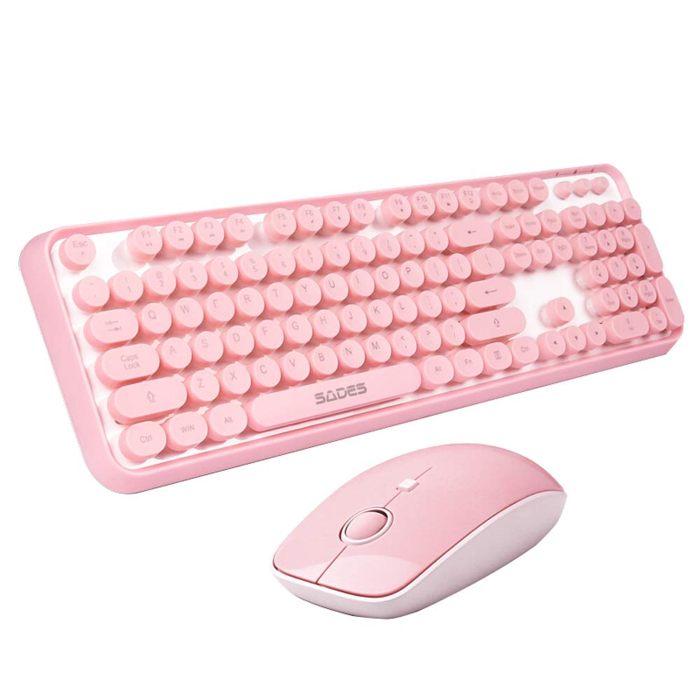 V2020 Pink Wireless Keyboard and Mouse Combo with Round Keycaps, 2.4GHz Stable Connection, Long Battery Life - Cute Wireless Keyboard Set for PC, Laptop, Mac (Pink) - Perfect for Home Office, Gaming, and Typing