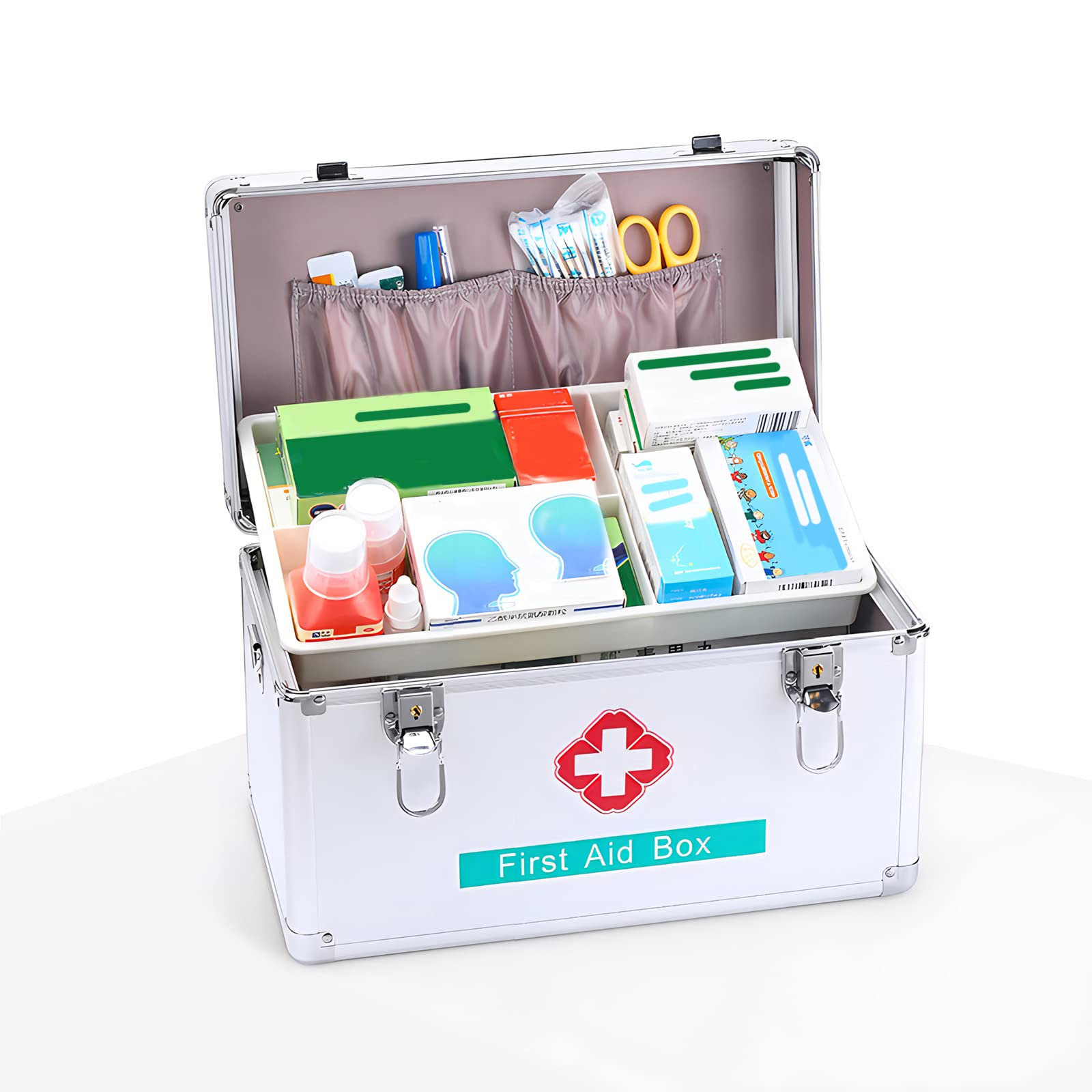 2 Layer Portable Aluminum Alloy Medicine Storage Box with Lock - Childproof First Aid Kit Organizer, Household Medication Case with Handle for Travel, Home & Emergency Use