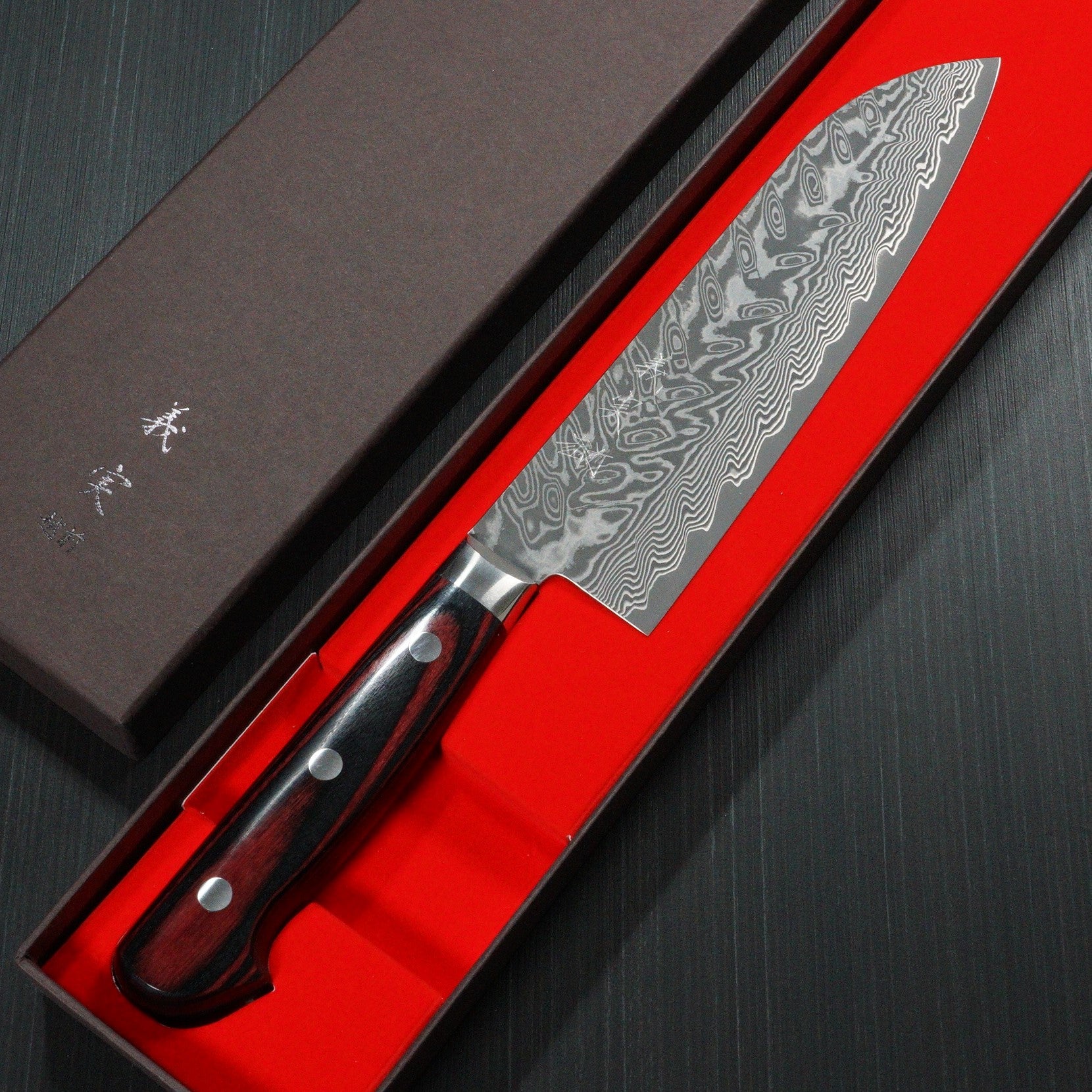 Premium Japanese Yoshimi Kato SG2 Super Gold 2 Damascus Santoku Knife - V-Shaped Black Blade with Red Handle - Perfect for Slicing, Dicing & Chopping Vegetables, Meat & Fish