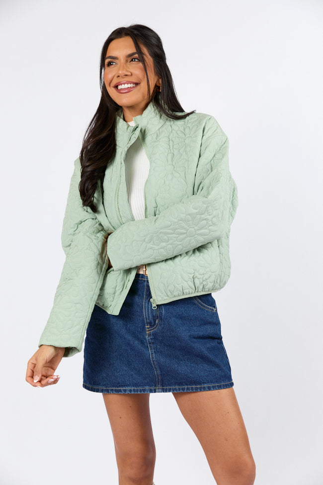 Full Bloom Sage Flower Quilted Zip Up Jacket for Women - Lightweight Spring Outerwear for Casual Wear & Outdoor Activities