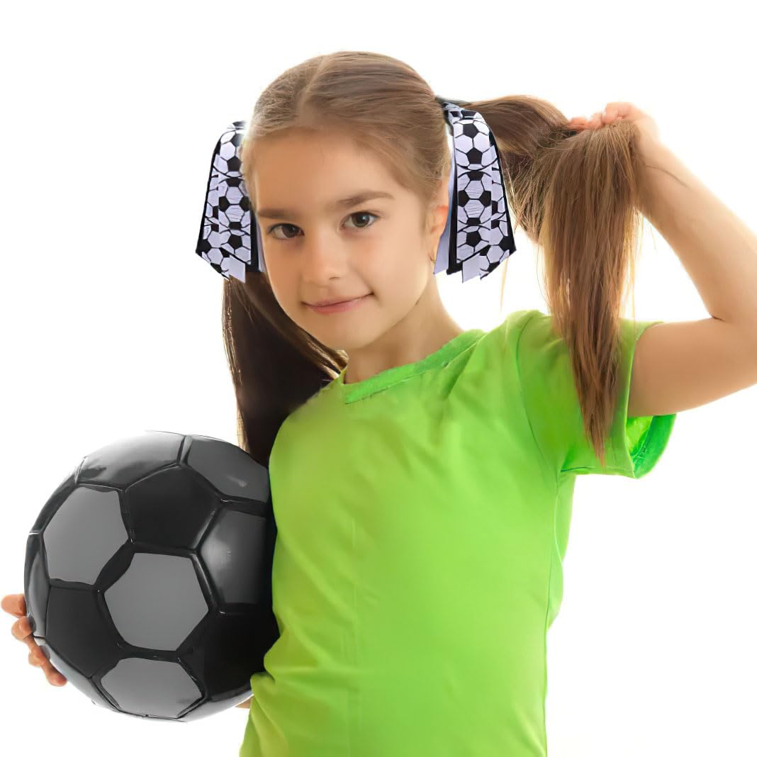 2 Pack Soccer Hair Ties for Girls & Women - Elastic Ponytail Holders with Ribbon - Cheer Team Hair Accessories for Soccer Games, Parties & Sports Events