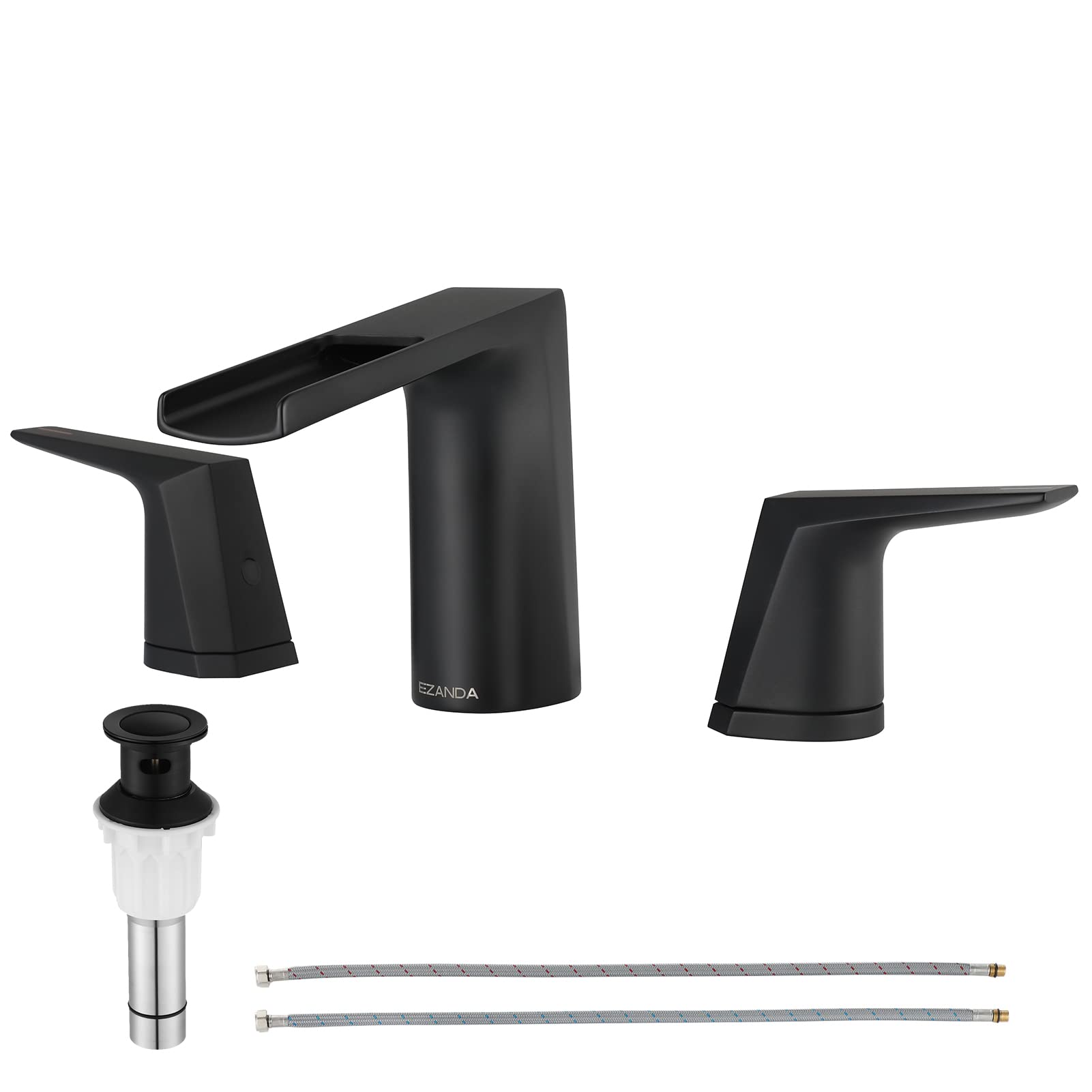 EZANDA Matte Black 2-Handle Widespread Bathroom Faucet with Waterfall Spout, Pop-Up Drain & Supply Lines - Modern Sink Faucet for Vanity, Lavatory & Powder Room (Model 1431204)