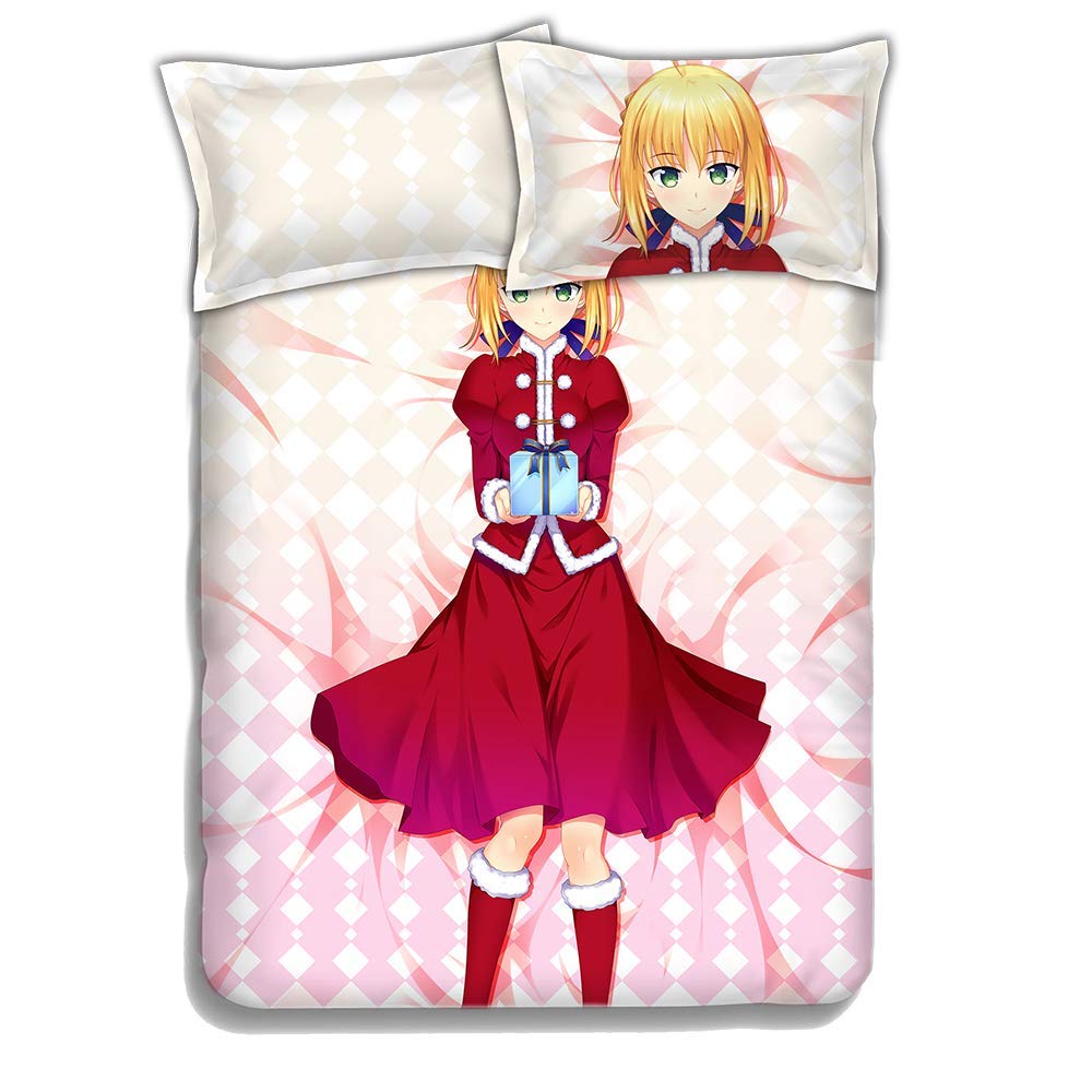 Fate Saber Anime Bedding Set - 3 Piece Flannel Bed Sheet & Pillow Covers 150x200cm (Full/Double Size) for Anime Fans & Collectors | Perfect for Themed Bedrooms, Cosplay Events & Gift Giving