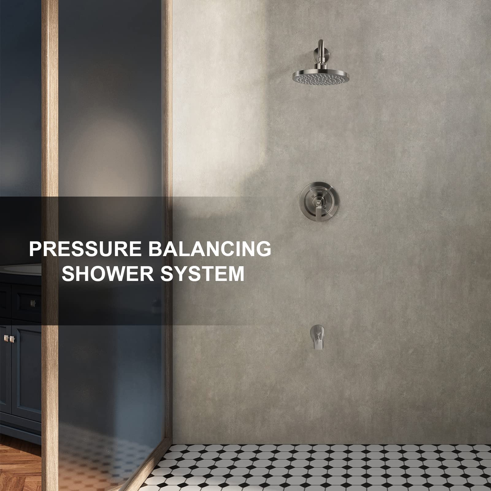 NEWATER Brushed Nickel Shower Faucet Set with 8-Inch Rainfall Shower Head & Tub Spout - Single Handle Pressure Balancing Valve Included - Wall Mounted Shower Tub Combo Kit for Bathroom Remodeling & Modern Home Upgrade