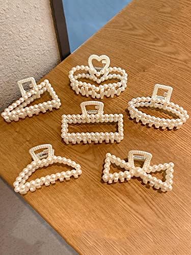 Kairangi 6-Piece White Pearl Hair Claw Clips for Women & Girls - Strong Hold Hair Clutches for Thick Hair, Stylish Hair Accessories Set - Perfect for Work, School, Parties & Everyday Use