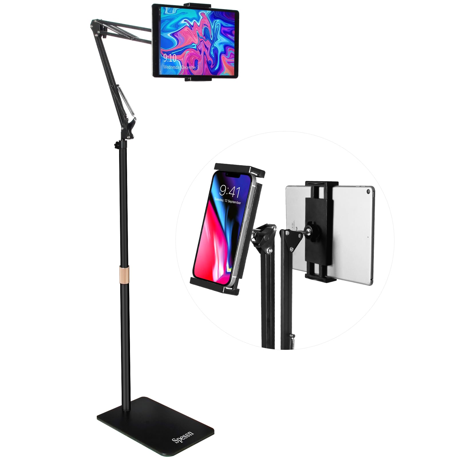 Adjustable Metal Tablet Floor Stand & Overhead Bed Phone Mount - Universal Holder for iPad, iPhone X, iPad Pro, Kindle (4.5-12.9