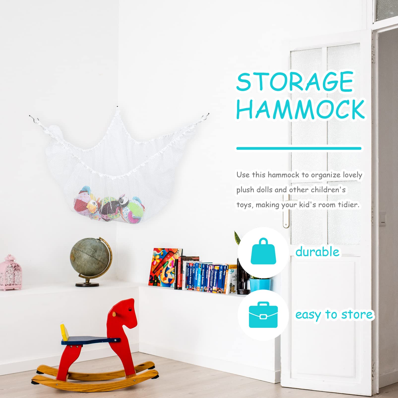 Cabilock Large White Polyester Storage Hammock Net Bag - Multi-Functional Corner Net for Stuffed Animals, Kids Toys & Bath Accessories - Perfect for Nursery Organization, Playroom Storage & Baby Shower Gifts