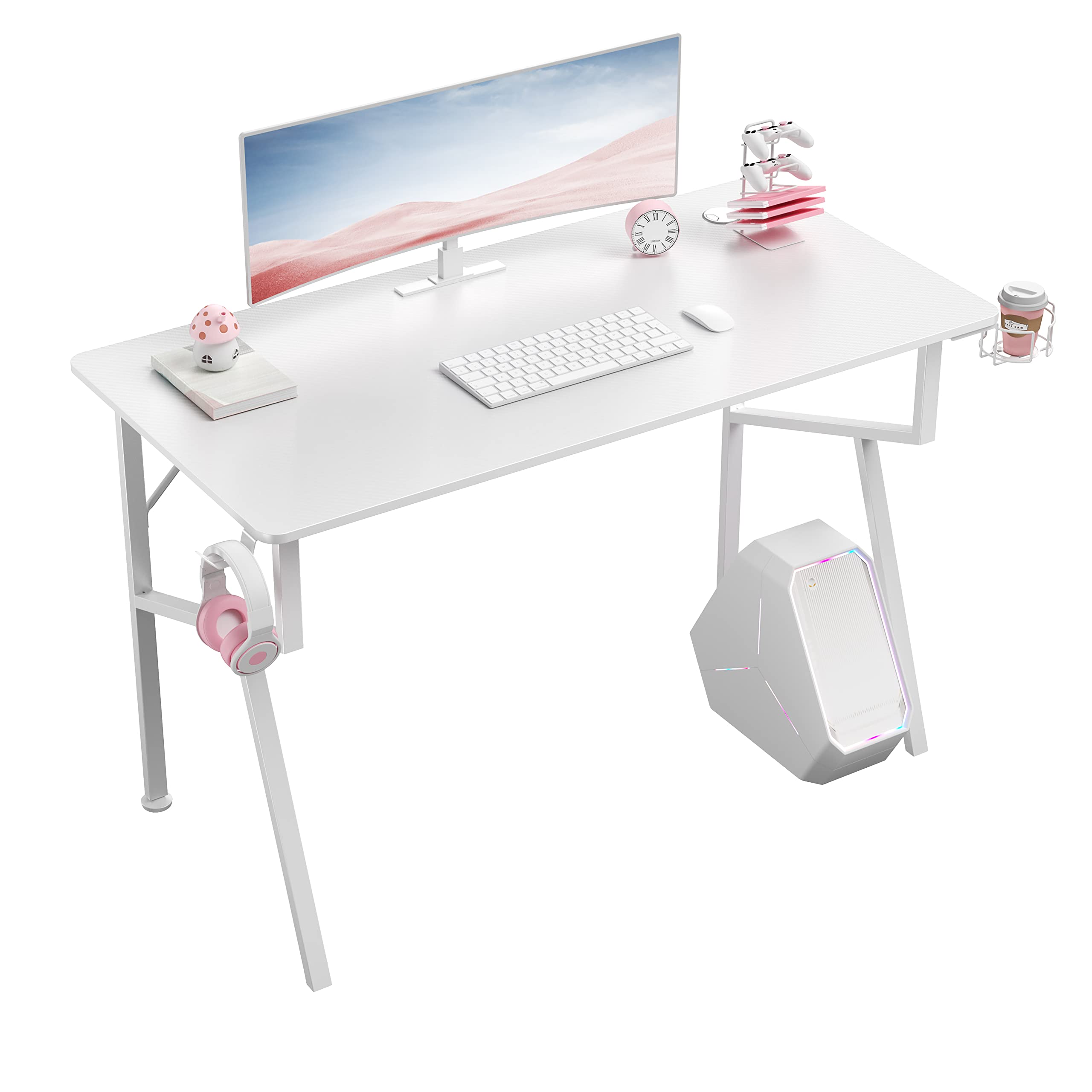 EUREKA ERGONOMIC 47 Inch White K-Shaped Gaming Desk - Home Office Computer Desk with Cable Management, Cup Holder, Headphone Hook & Mouse Pad - Easy Assembly for Work, Study & Gaming Setup