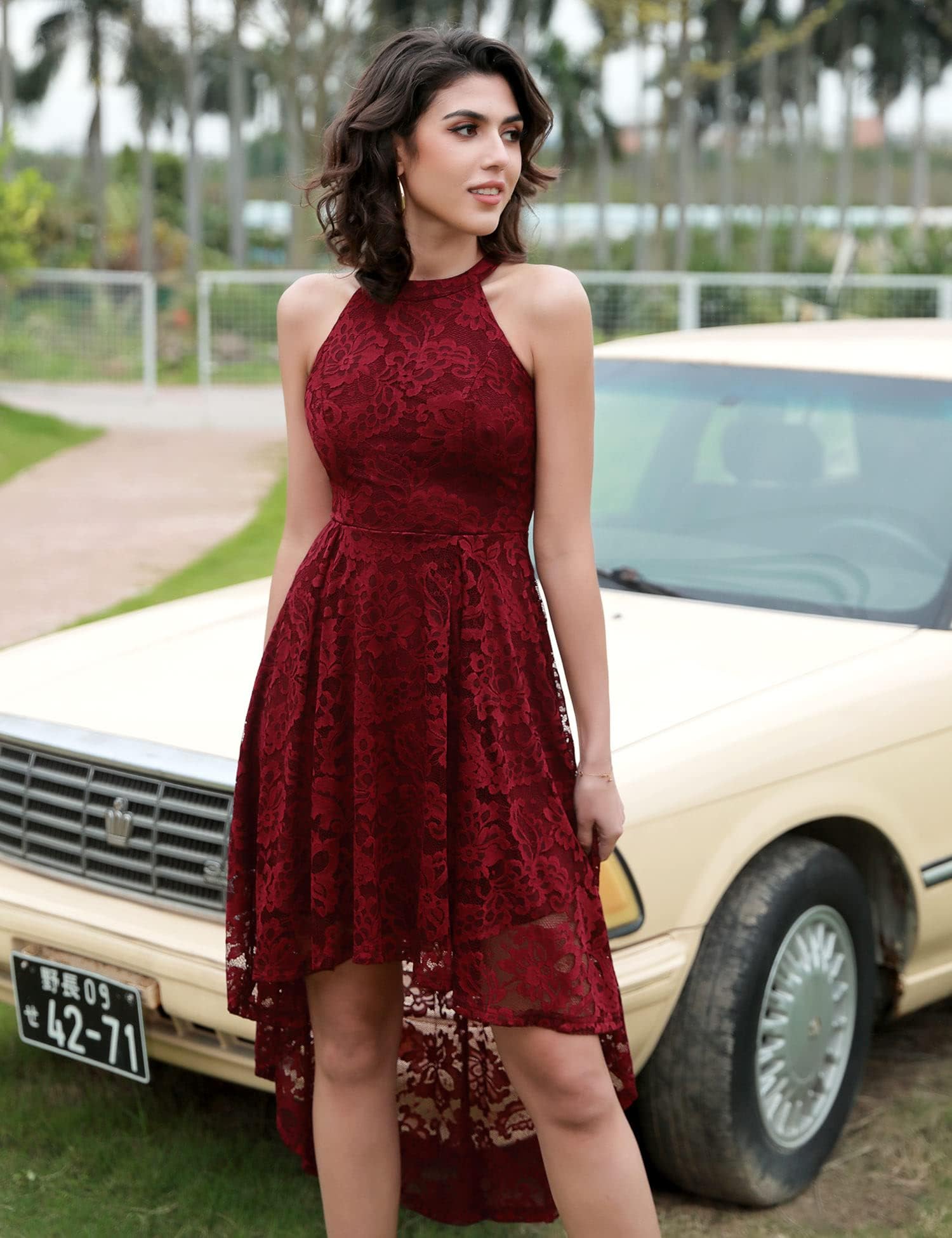 Elegant Women's Halter Lace Wedding Guest Dress - Hi-Low Cocktail Party & Bridesmaid Formal Gown for Special Occasions | Perfect for Weddings, Galas, and Evening Events