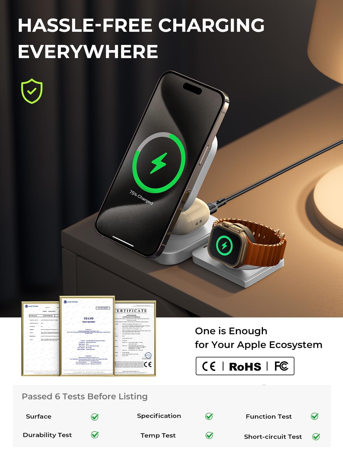 LISEN 3-in-1 Magnetic Wireless Charging Station for iPhone 15 Pro Max/14/13, AirPods & Apple Watch - Fast Magsafe Charger Pad with Travel Case - Perfect for Home, Office & Car Use