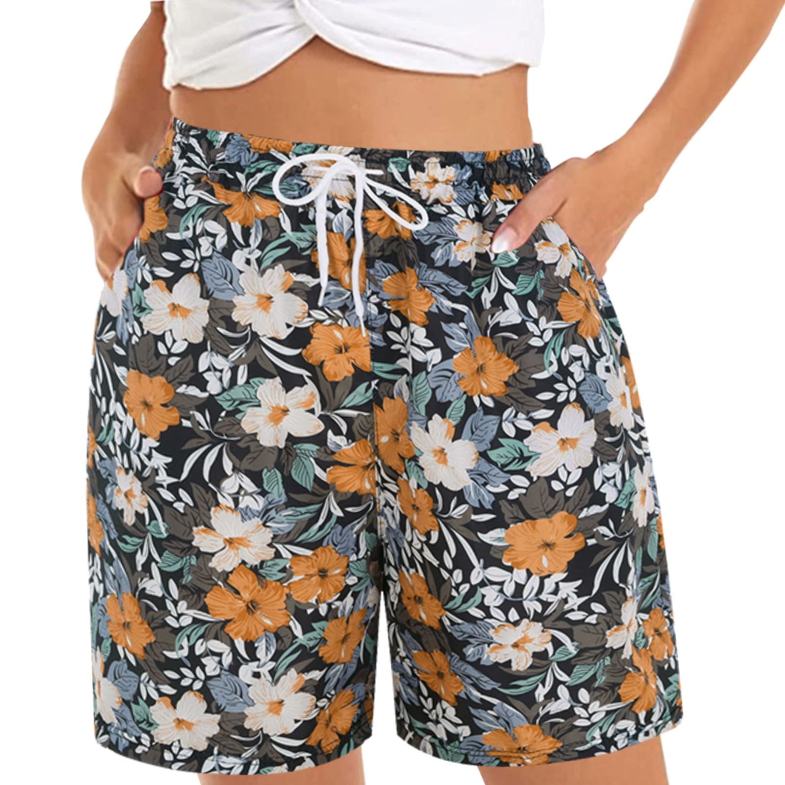 Women's Summer Casual Shorts - Comfy Elastic Waist Floral Print Beach Shorts with 2 Pockets, Stretch Pants for Women | Perfect for Vacation, Travel & Outdoor Activities