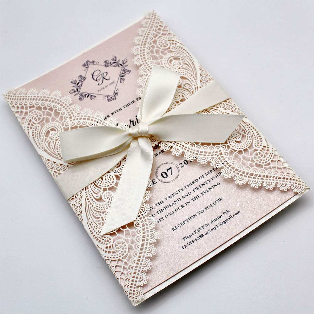 25-Pack White Lace Laser Cut Wedding Invitations with RSVP Cards - Elegant Blush Pink Shimmer Stationery for Weddings, Sweet 16 Parties, Bridal Showers & Birthday Celebrations - Perfect for Formal Events & Special Occasions