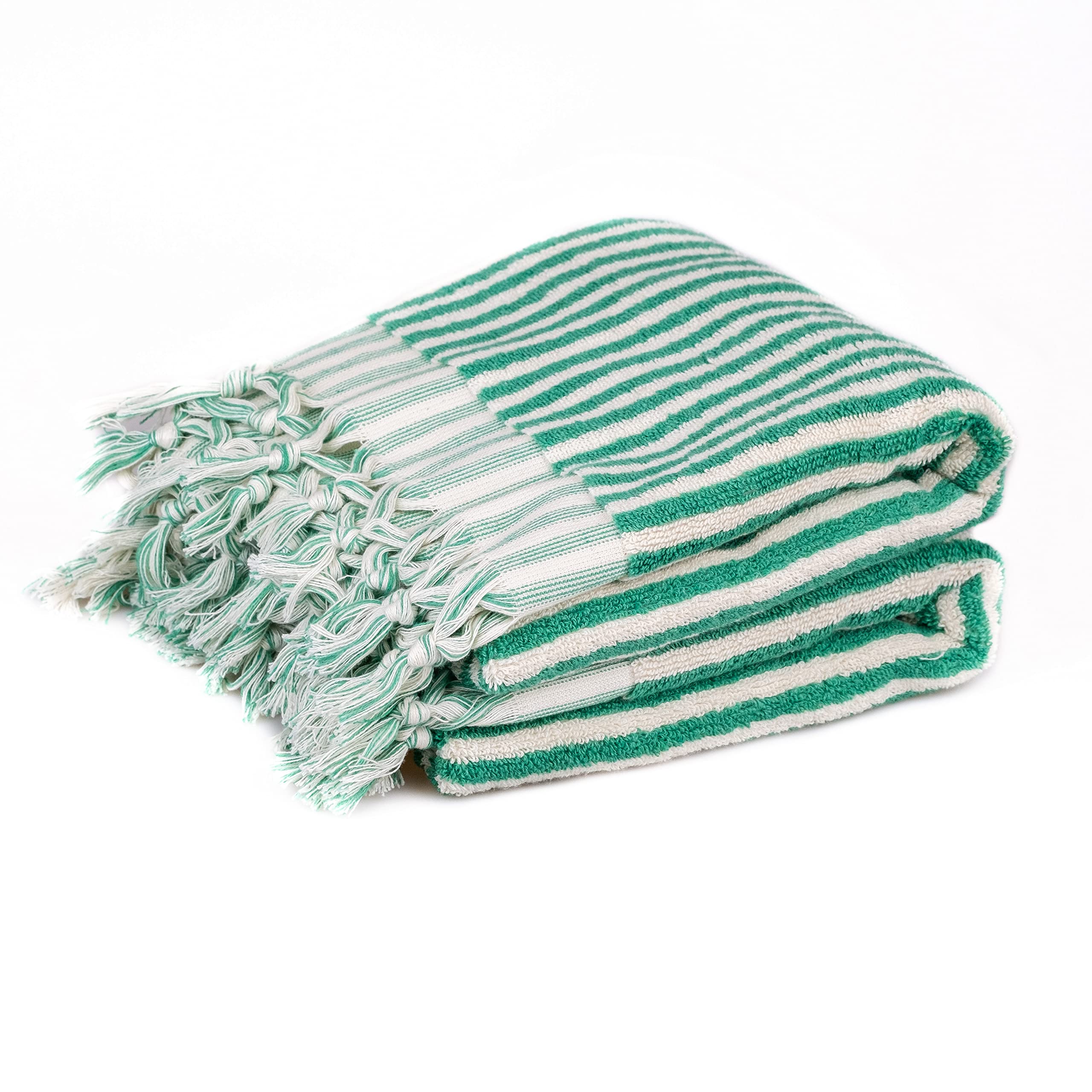 Premium Organic Turkish Cotton Striped Bath and Hand Towels Set of 2 | Ultra Soft, Plush & Highly Absorbent | Luxury Bathroom Towels for Spa, Guest Room & Beach Use (Benetton Green)