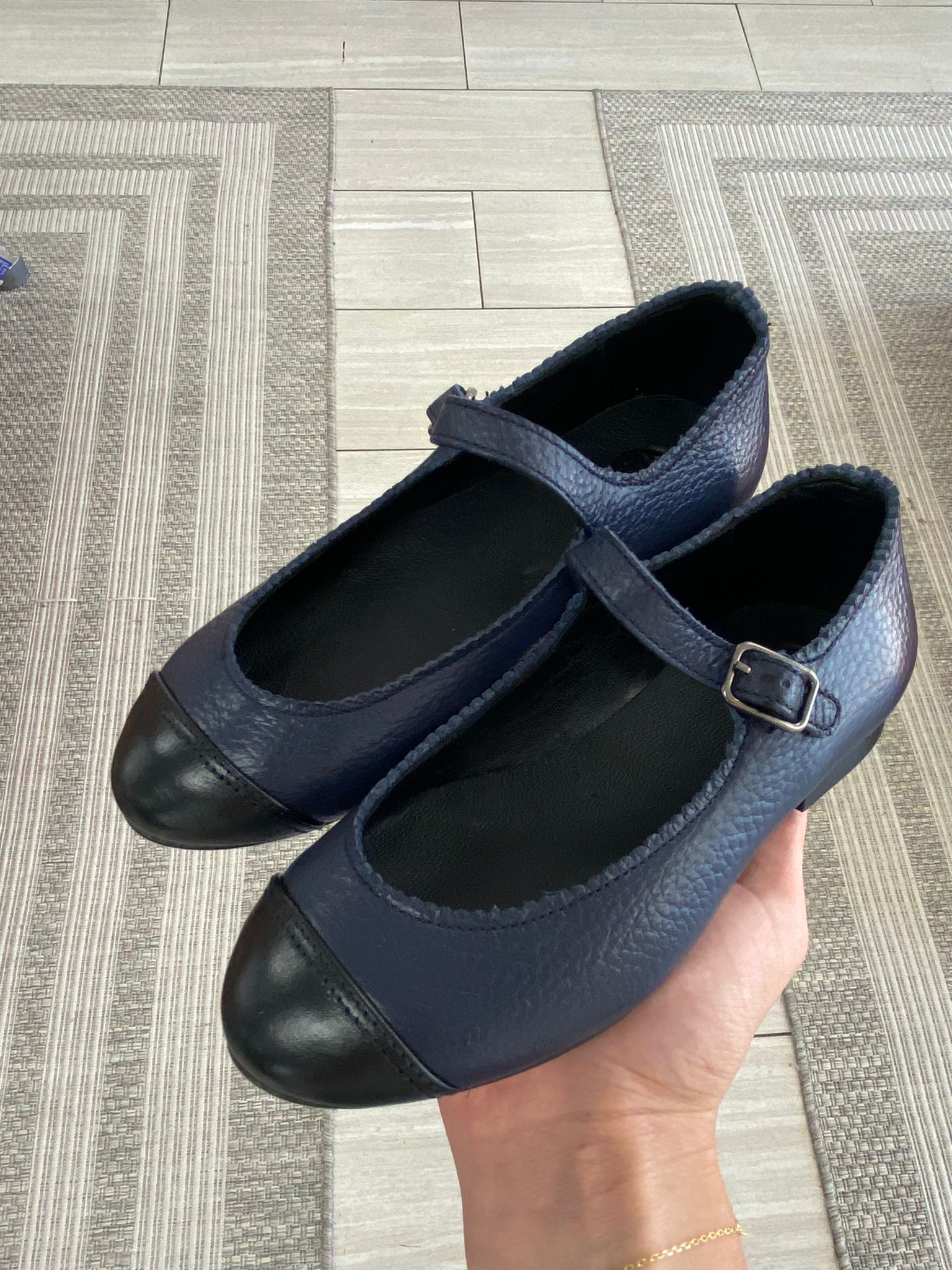 Blublonc Navy Pebbled Leather Captoe Mary Jane Shoes for Women - Comfortable & Stylish for Work, Office, and Formal Occasions