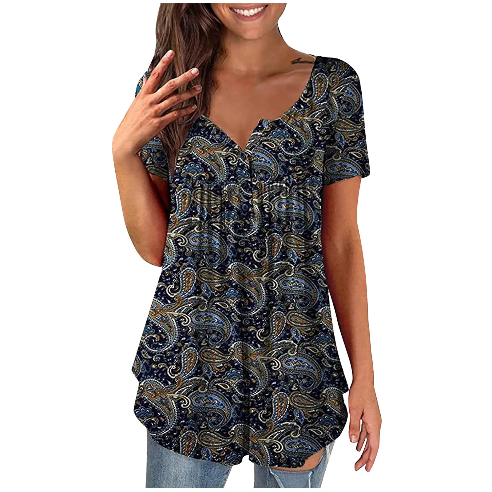 Qopobobo Women's Summer T-Shirts - Floral Printed Halter Tops, U-Neck Short Sleeve Yoga Tees for Workout & Casual Wear | Perfect for Gym, Yoga, Beach & Summer Outfits