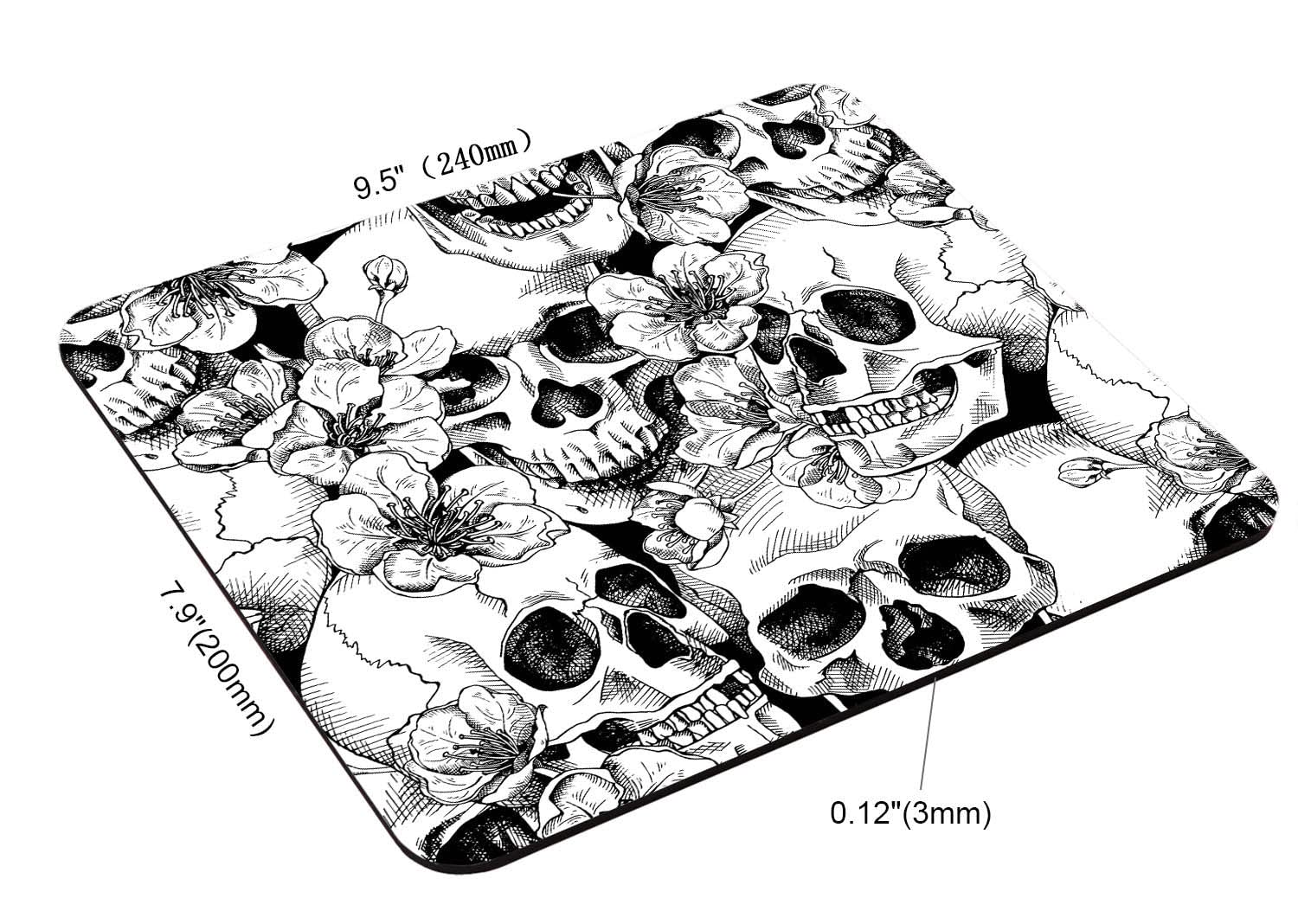 Sugar Skull Floral Black White Mouse Pad - Non-Slip Rubber Base Square Mouse Mat for Office & Laptop (9.5