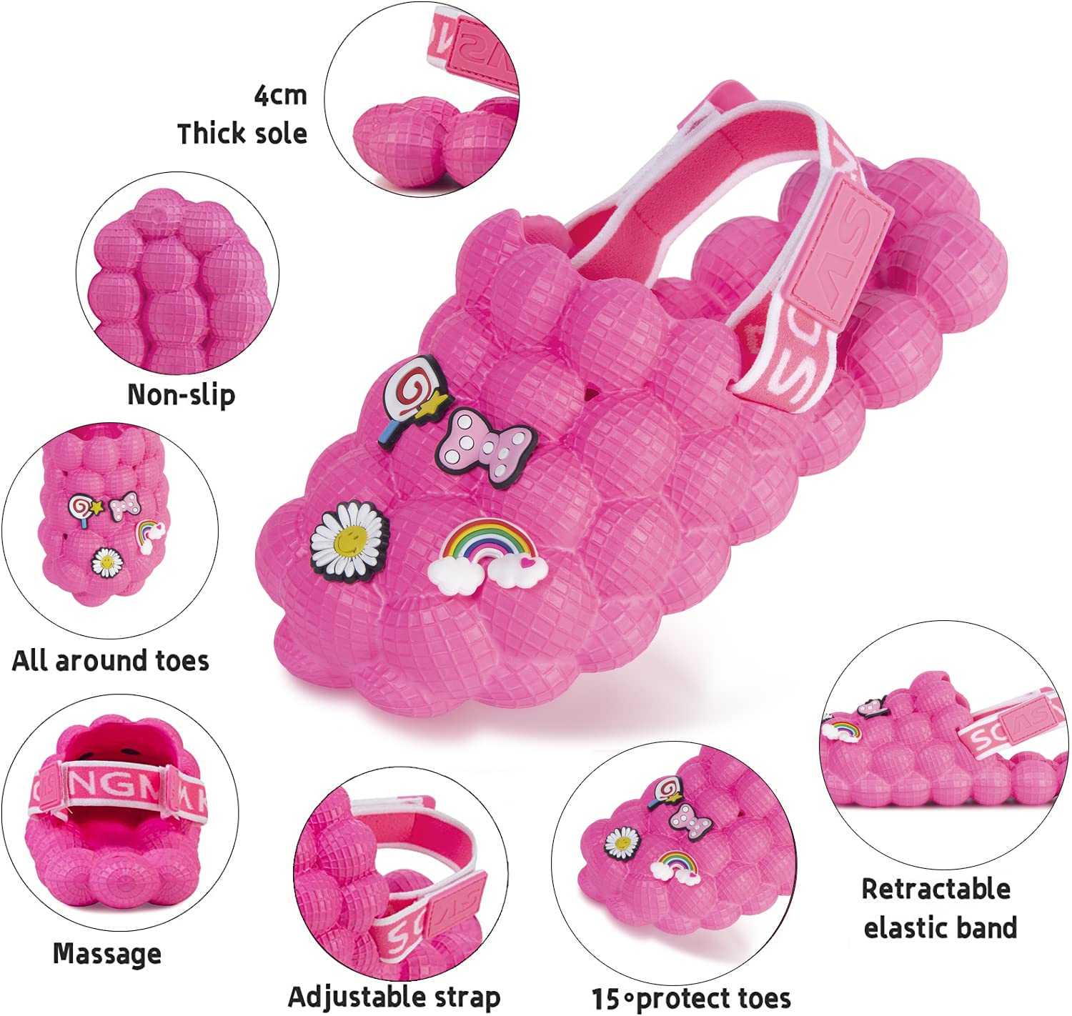 Kids Bubble Slides with Funny Massage Balls & DIY Charms - Adjustable Elastic Band Toddler Sandals for Indoor & Outdoor Play - Perfect for Beach, Pool, and Backyard Fun