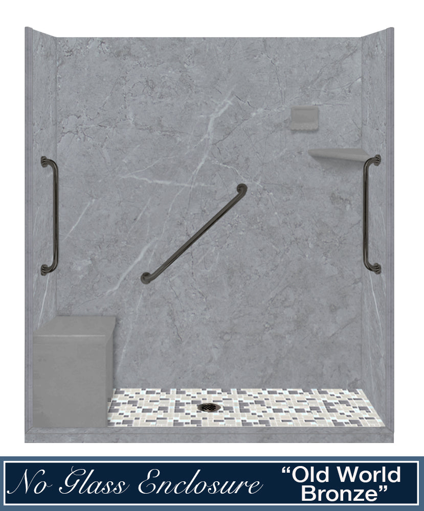 Freedom Grio Marble Newport Mosaic Alcove Shower Enclosure Kit - Waterproof Bathroom Upgrade for Modern Homes & Luxury Hotels