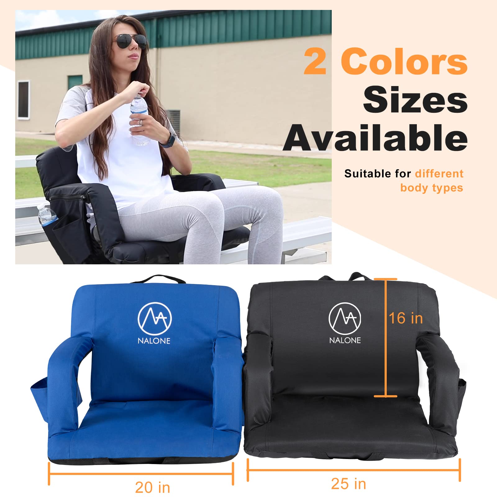 Nalone Folding Stadium Seat Set of 2 - 25 Inch Extra Wide Bleacher Chairs with Back Support, Thick Padded Cushion & Armrests - Portable Reclining Stadium Seats for Sports Games, Concerts, Outdoor Events (Black)