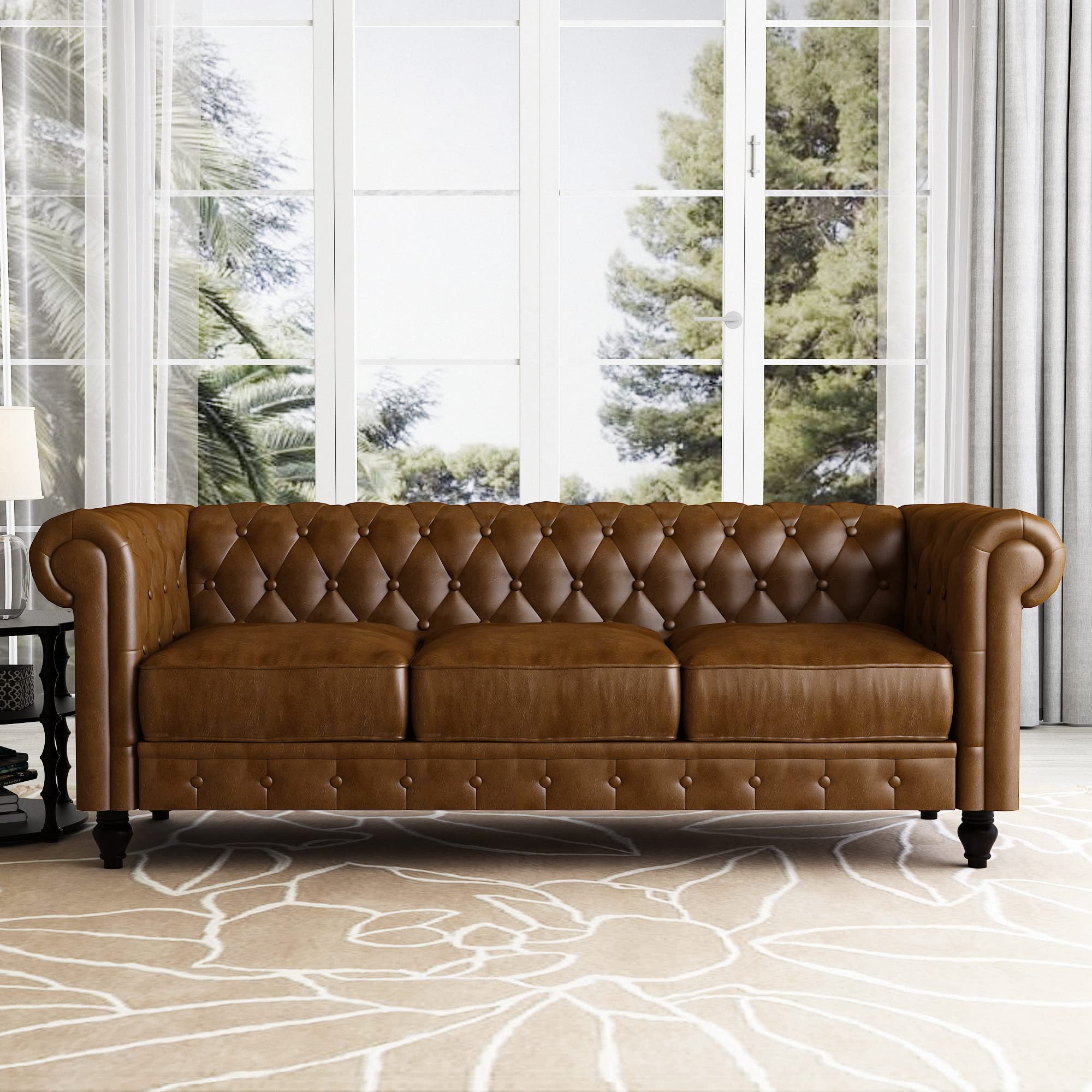 Yoglad Chesterfield Sofa - Faux Leather Rolled Arm 3-Seater Couch with Sturdy Wooden Frame | Perfect for Living Room, Bedroom & Apartment Decor | Classic Brown Leather Sofa for Cozy Home & Office Lounge