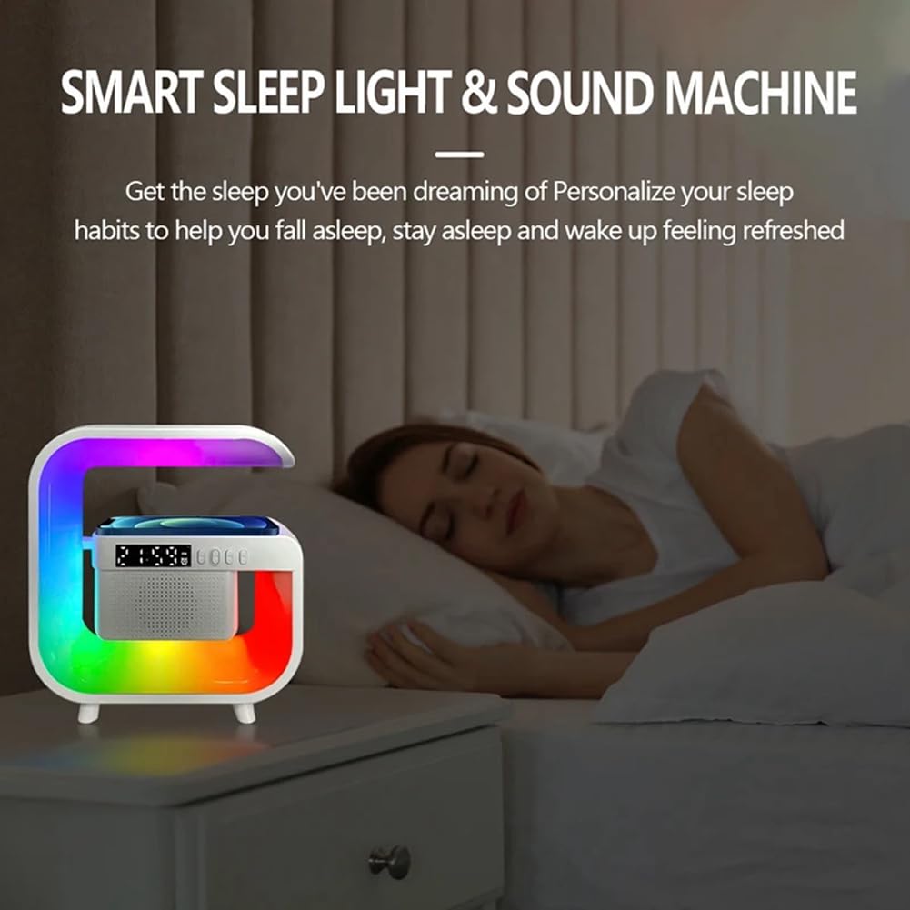 Reykentu 3-in-1 Wireless Charging Stand with Bluetooth 5.0 Speaker, FM Radio, TF Card Slot & RGB Night Light - Fast Qi Charging Station for iPhone Samsung Smartphones - Perfect for Bedroom, Office and Travel