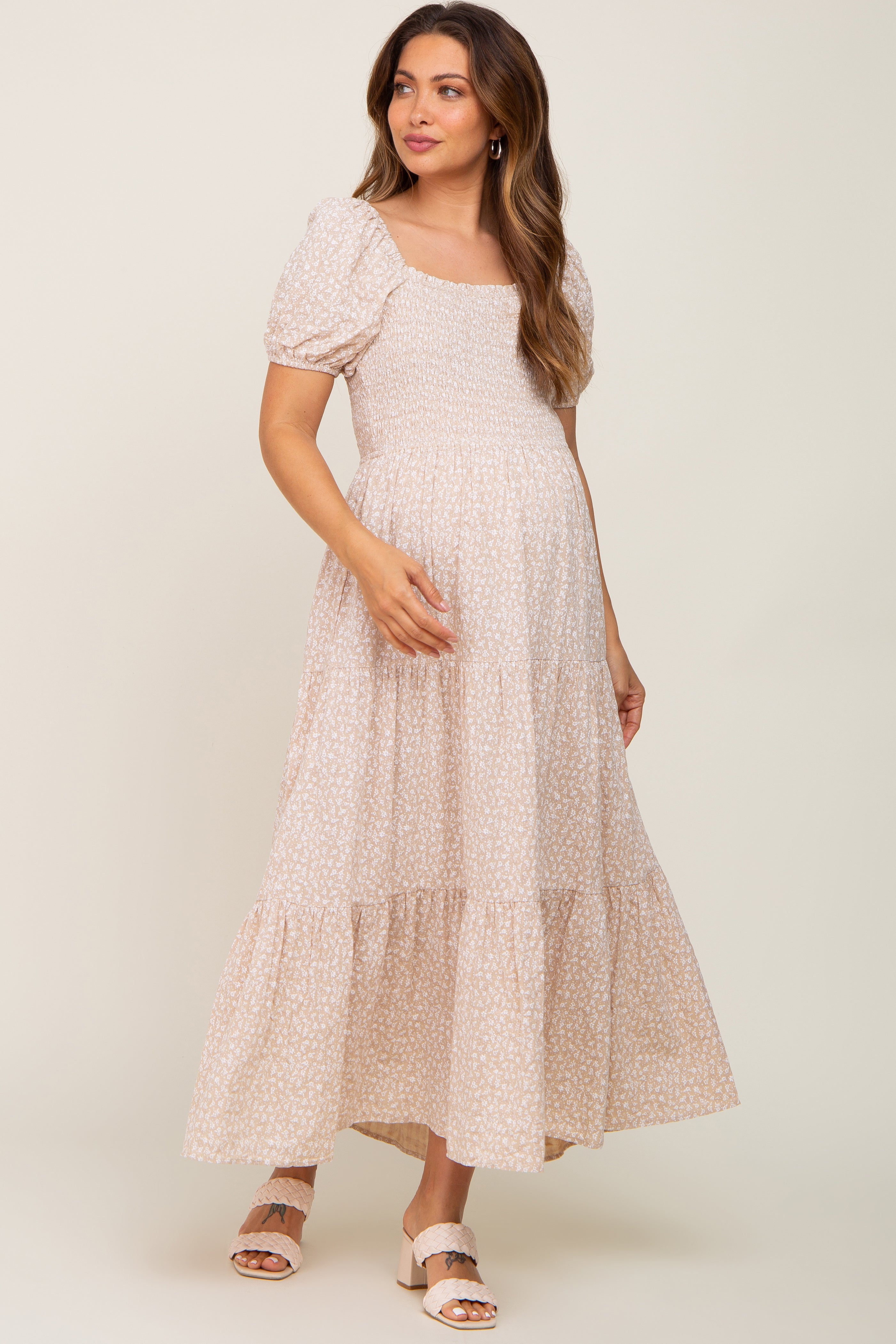 Beige Floral Smocked Square Neck Maternity Midi Dress for Pregnancy, Baby Shower & Special Occasions - Comfortable & Stylish Summer Dress for Expecting Moms