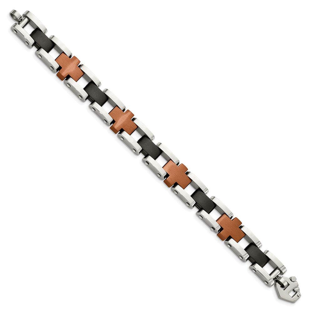 Men's Stainless Steel Black & Cognac Cross Link Bracelet - 8.75 Inch Adjustable Wristband for Casual & Formal Wear | Durable Fashion Accessory for Gifts, Office & Special Occasions