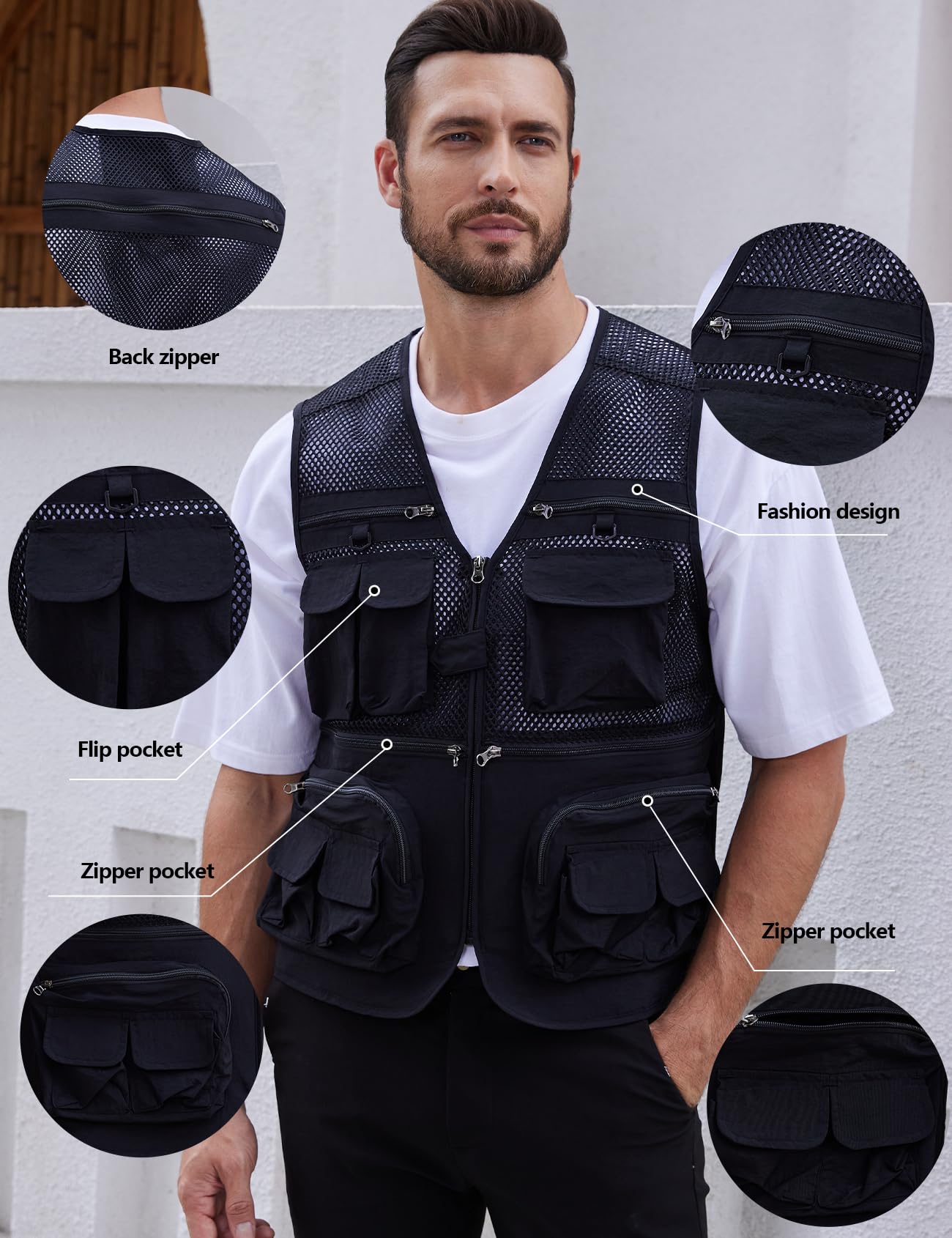 Gihuo Men's Utility Vest - Lightweight Fishing & Safari Vest with Multiple Pockets for Outdoor Adventures, Hiking, Travel & Summer Activities