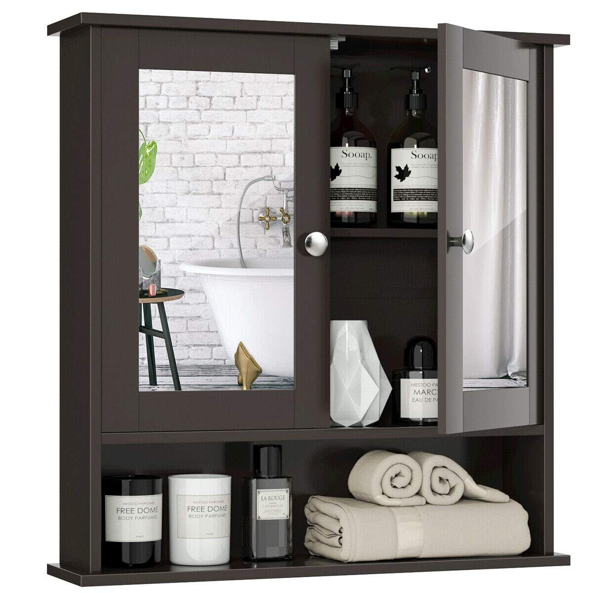 Wooden Mirror Cabinet for Bathroom - Double Door Wall Mounted Storage Organizer with Adjustable Shelves, 22 x 5 x 23 Inches, Brown - Perfect for Small Bathrooms & Vanity Organization