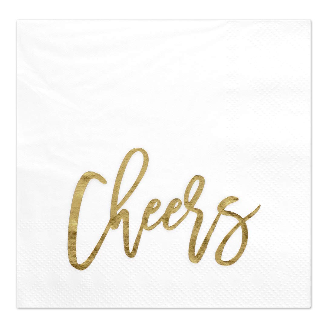 Andaz Press 5 Inch Funny Quotes Cheers Cocktail Napkins - Gold Foil Bulk 50-Pack 3-Ply Disposable Beverage Napkins for Parties, Weddings, Bridal Showers & Holidays (Birthday, Thanksgiving, Christmas, New Year's Eve) - Perfect for Bar Decor, Cocktail Hours & Celebratory Toasts