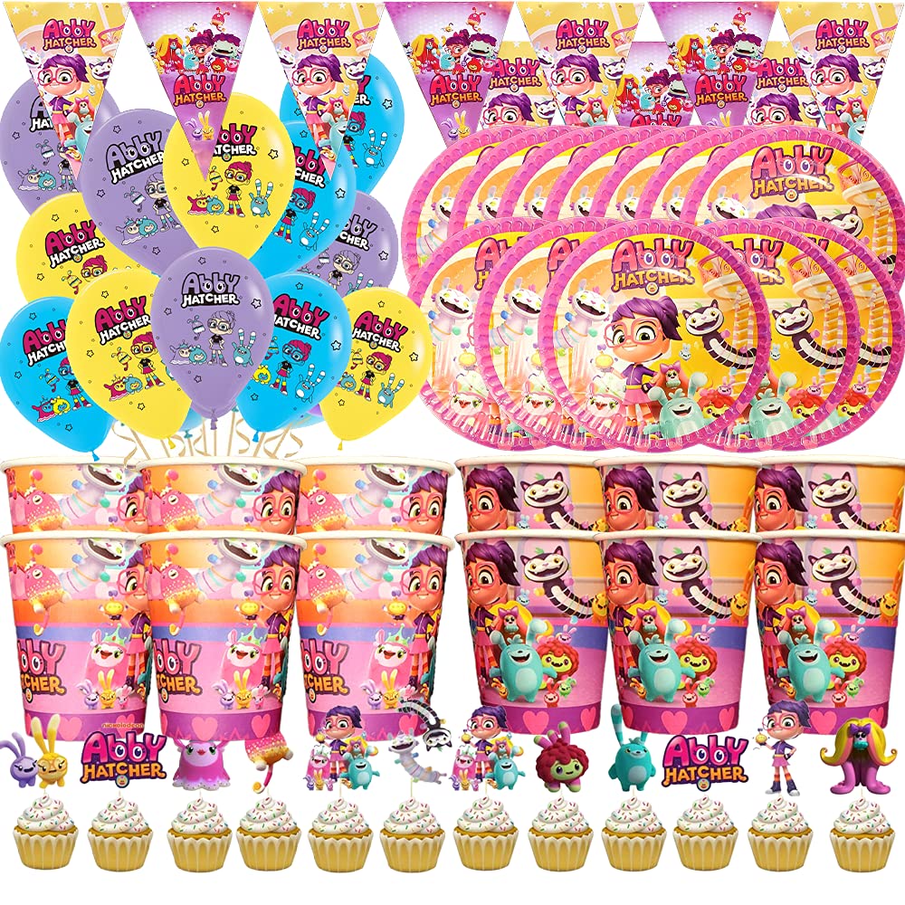 58-Piece ABBE HATCHE Party Supplies Set - 12 Cups, 12 Plates, 12 Cupcake Toppers, 12 Latex Balloons & 10 Triangle Banners - Birthday Celebration Decorations, Baby Shower Favors & Theme Party Centerpieces for Kids & Adults