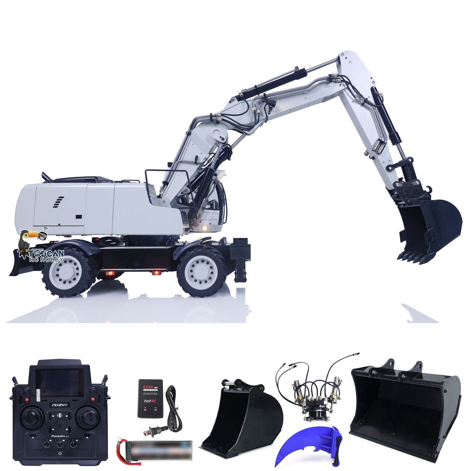 1/14 Scale 3-Arm RC Hydraulic Excavator R946 - Metal Wheeled Remote Control Digger Toy with Grab Ripper & Tiltable Clamshell Bucket | Construction Model for Adults & Kids | Perfect for Sandbox Play, Backyard Digging & Hobby Collecting