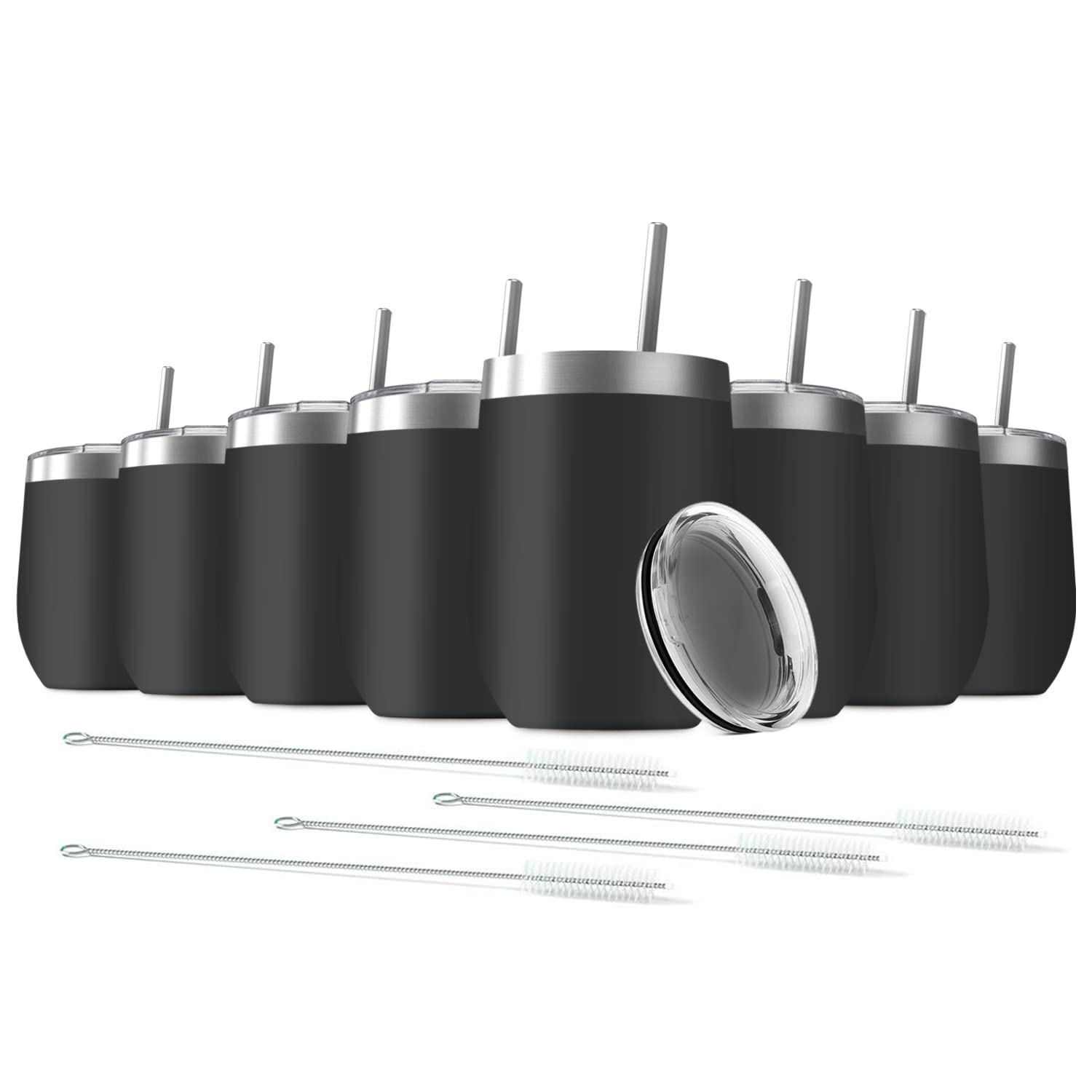 8 Pack 12 oz Stainless Steel Wine Tumblers with Lids & Straws - Double Wall Vacuum Insulated Travel Mugs for Hot & Cold Drinks - Perfect for Coffee, Tea, Cocktails, Beer, Office, Camping & Outdoor Activities (Black)