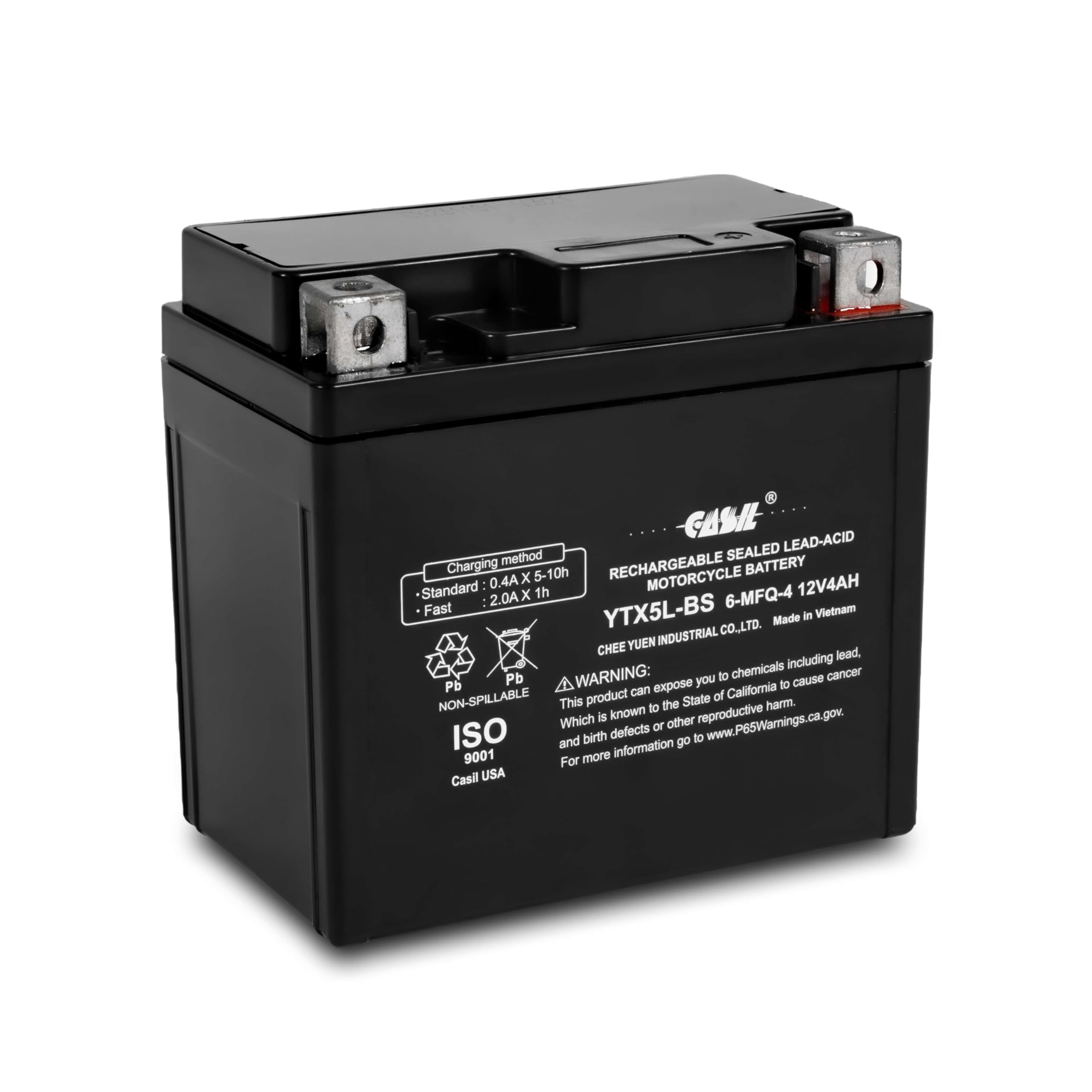 Casil YTX5L-BS 12V 4AH 80 CCA Sealed Lead Acid (SLA) Power Sport Battery for Motorcycles, ATVs, and Scooters - Reliable Replacement Battery for Outdoor Adventures