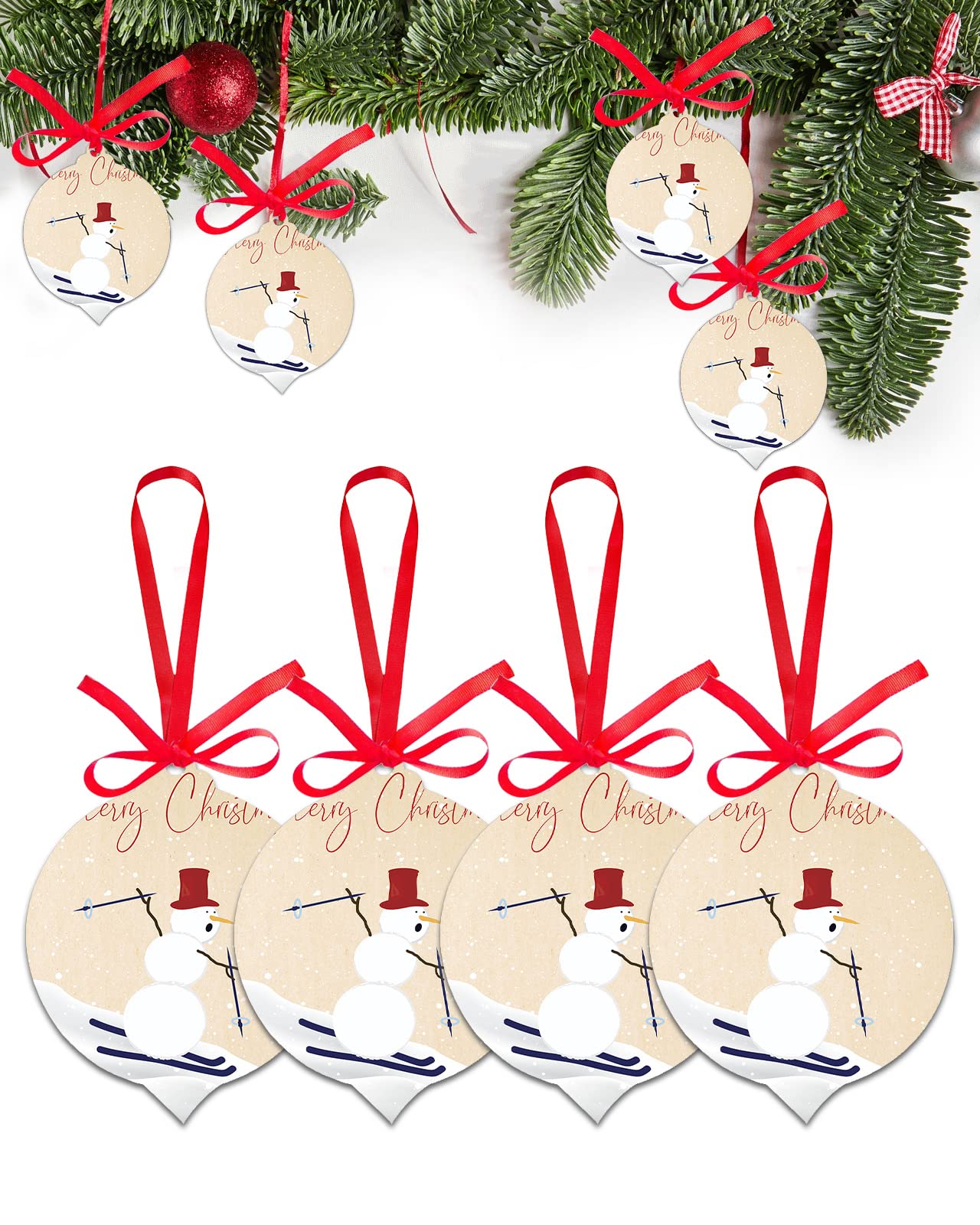4-Pack Vintage Snowman Skiing Farmhouse Christmas Ornaments - Two-Sided Printed Ceramic Hanging Decor for Holiday Tree Decorations | Perfect for Xmas Tree, Mantel & Winter Home Décor