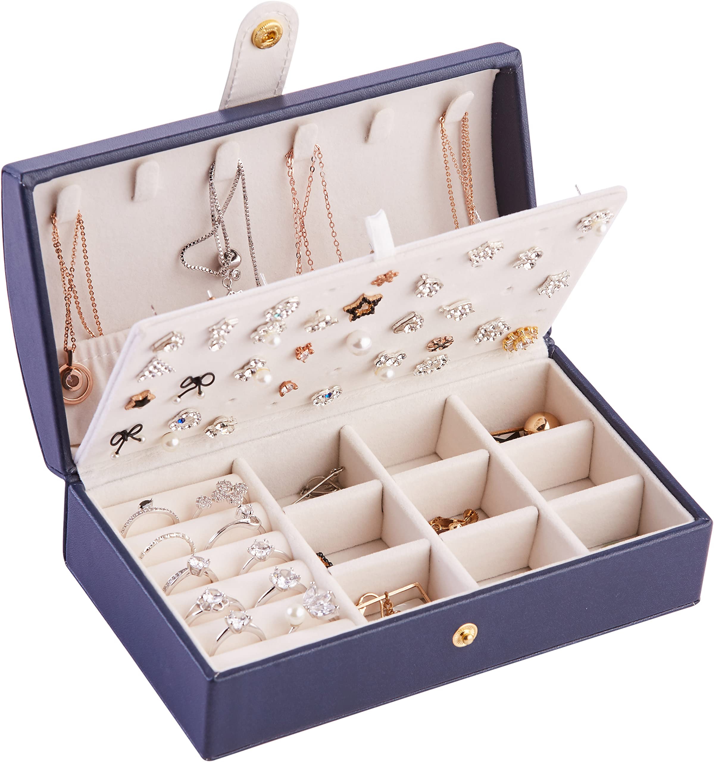 Luxury Blue Jewelry Organizer Box for Rings, Earrings & Necklaces - Travel Jewelry Storage Case with Premium PU Leather & Soft Velvet Interior - Elegant Dome Top Design for Women, Girls & Kids - Perfect for Gifts, Travel & Home Decor