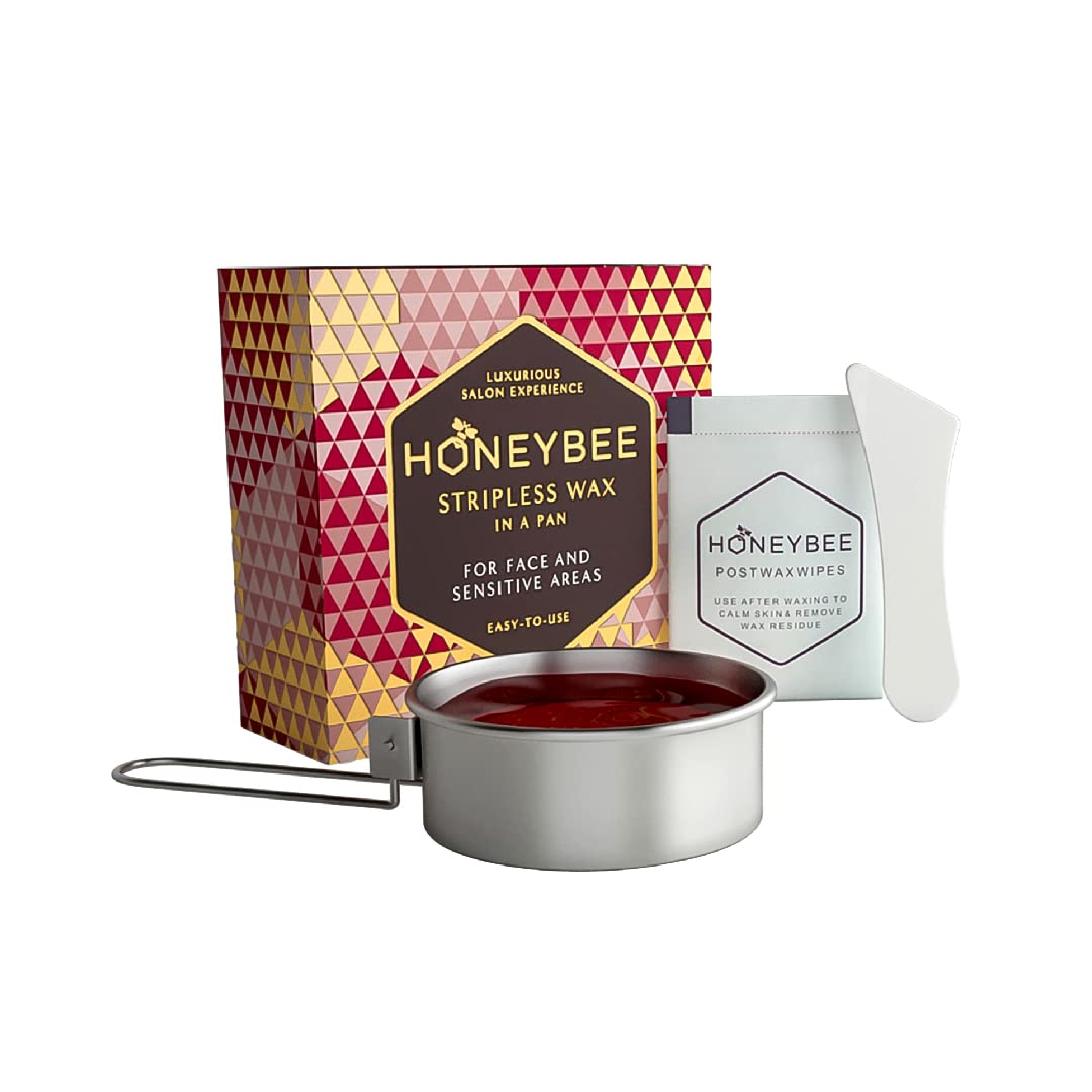 HoneyBee Stripless Wax Kit for Face & Body - No Strip Waxing for Upper Lip, Chin, Jaw, Underarms, Bikini & Brazilian | All Skin Types | Includes Wax Pot with Handle, Spatula & Post-Wax Wipes (120g) | Perfect for At-Home Hair Removal & Salon-Quality Results
