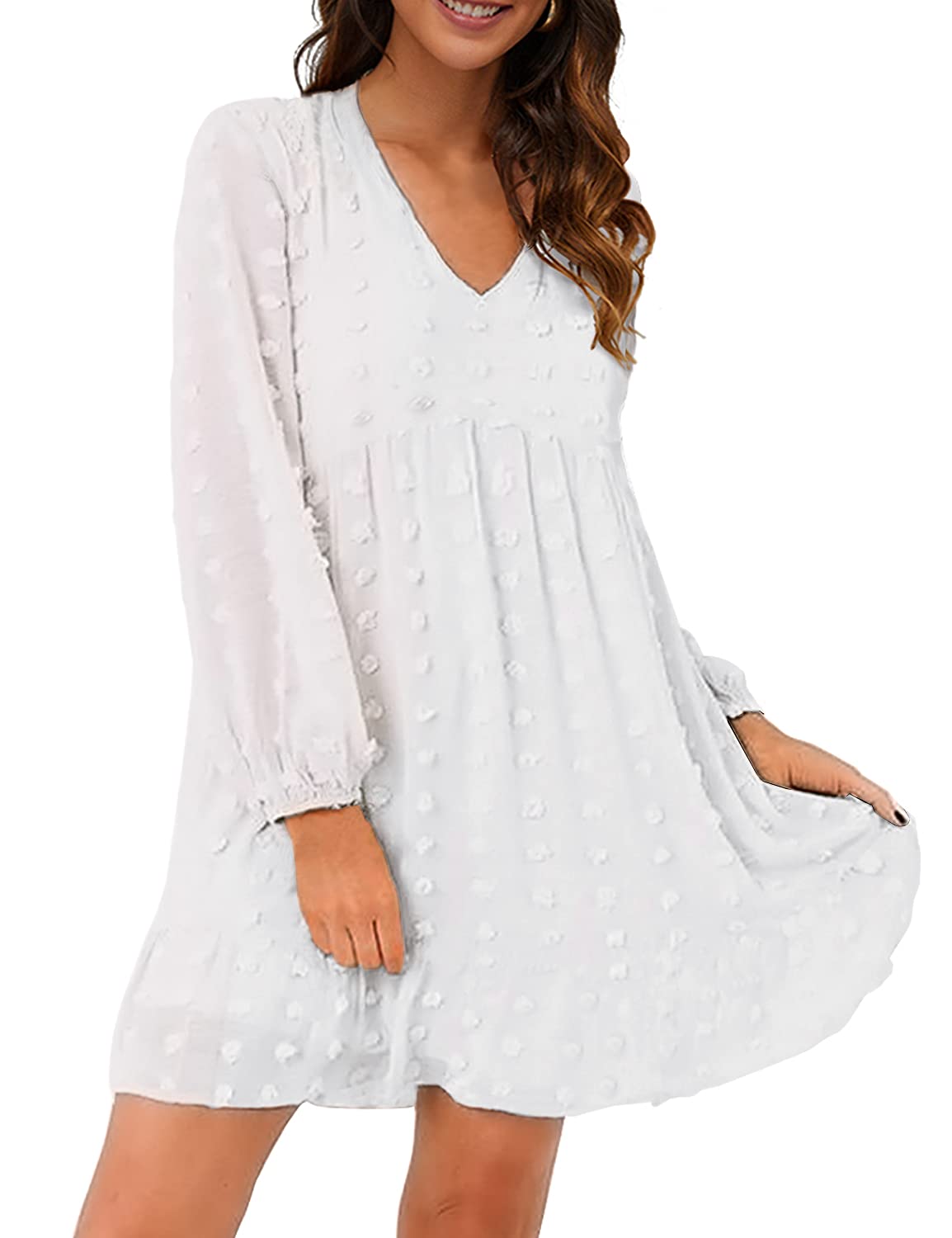 Blooming Jelly Women's White Flowy Babydoll Dress - Chiffon Long Sleeve V-Neck Mini Tunic Dress for Casual Wear, Date Night & Summer Outfits