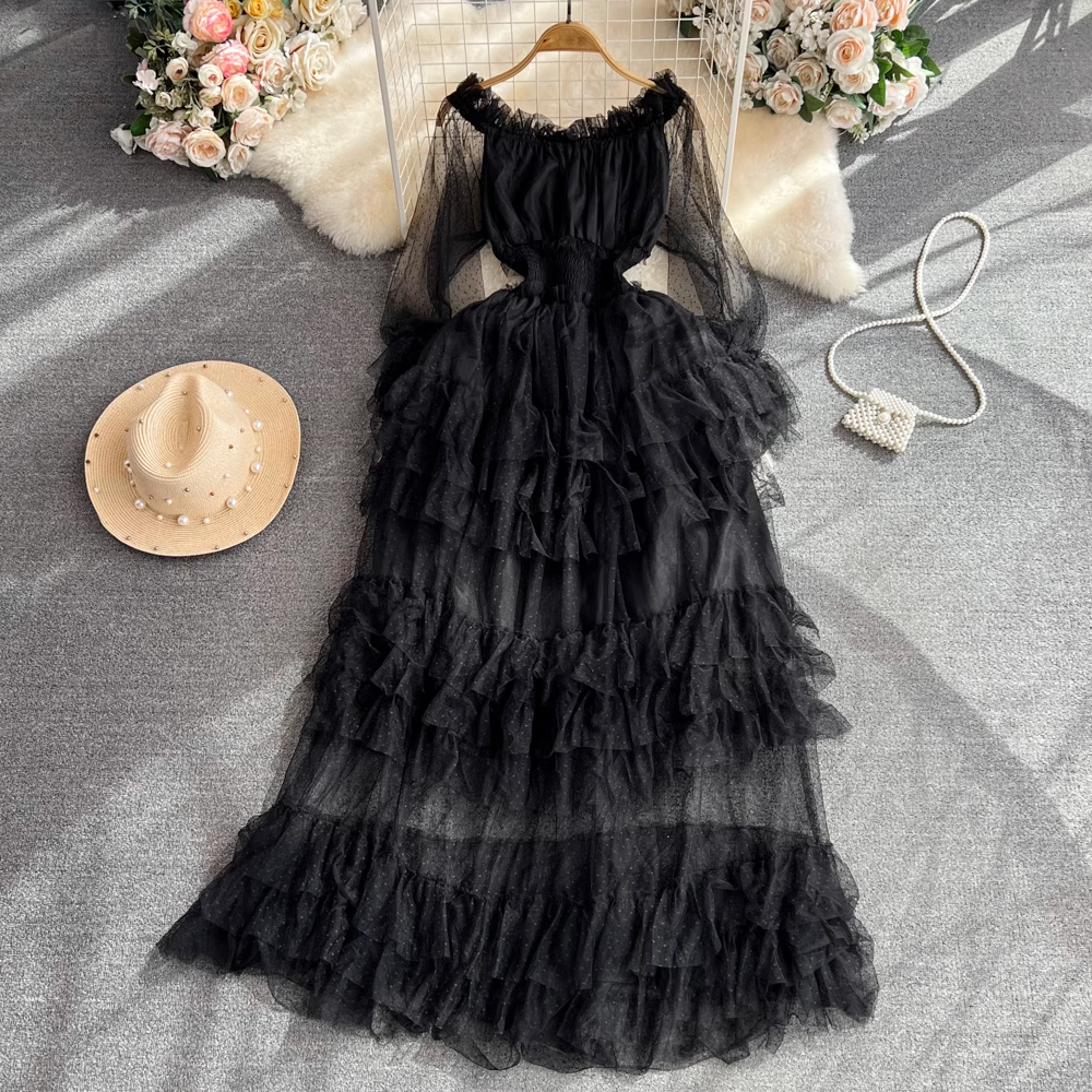 Elegant Off The Shoulder A-Line Ruffled Layered Mesh Dress for Women - Perfect for Cocktail Parties, Weddings & Date Nights | Style 1464