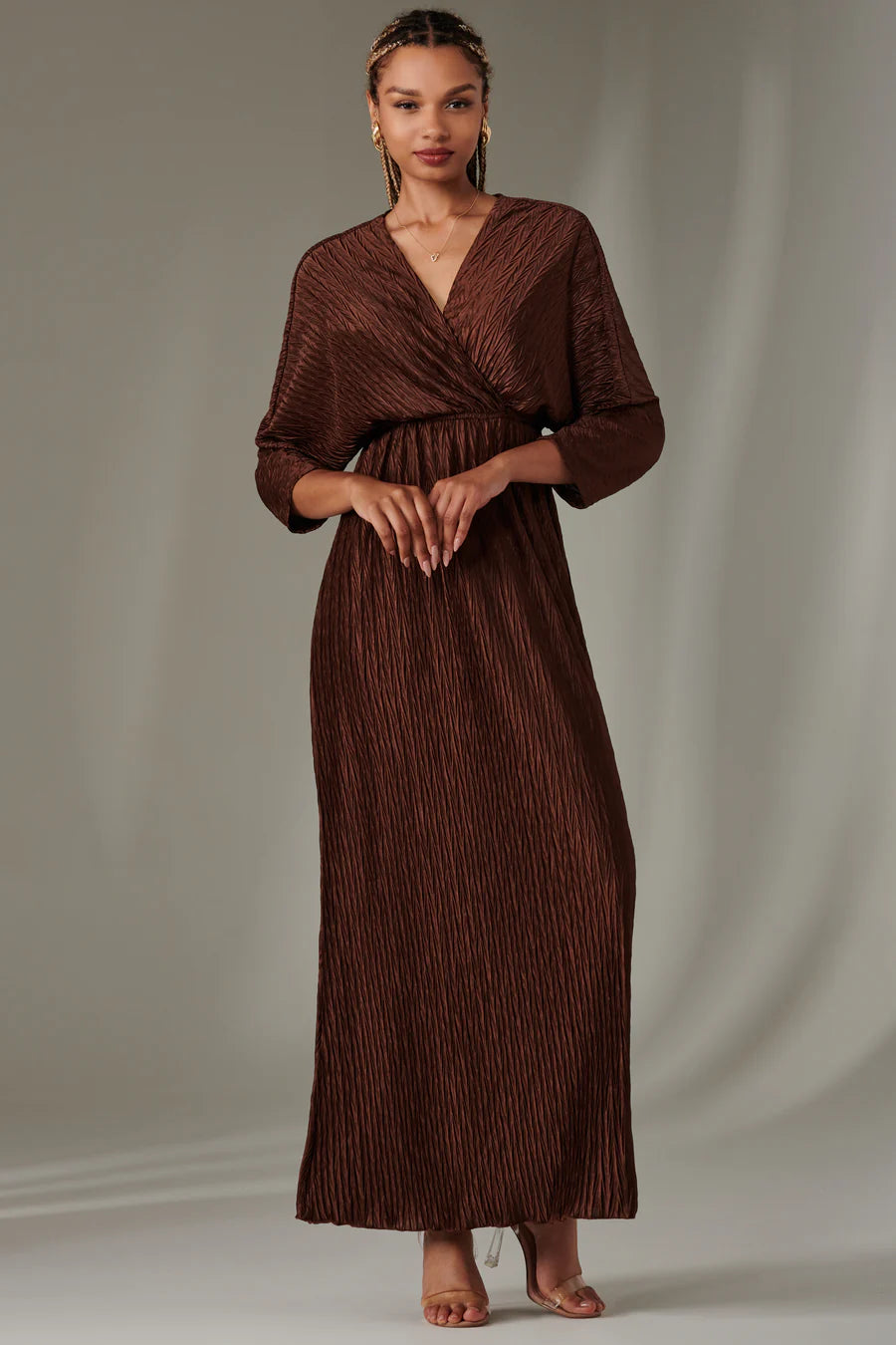 Elegant Chocolate Brown Ruffle Hem Chiffon Maxi Dress for Women - Perfect for Weddings, Parties & Special Occasions
