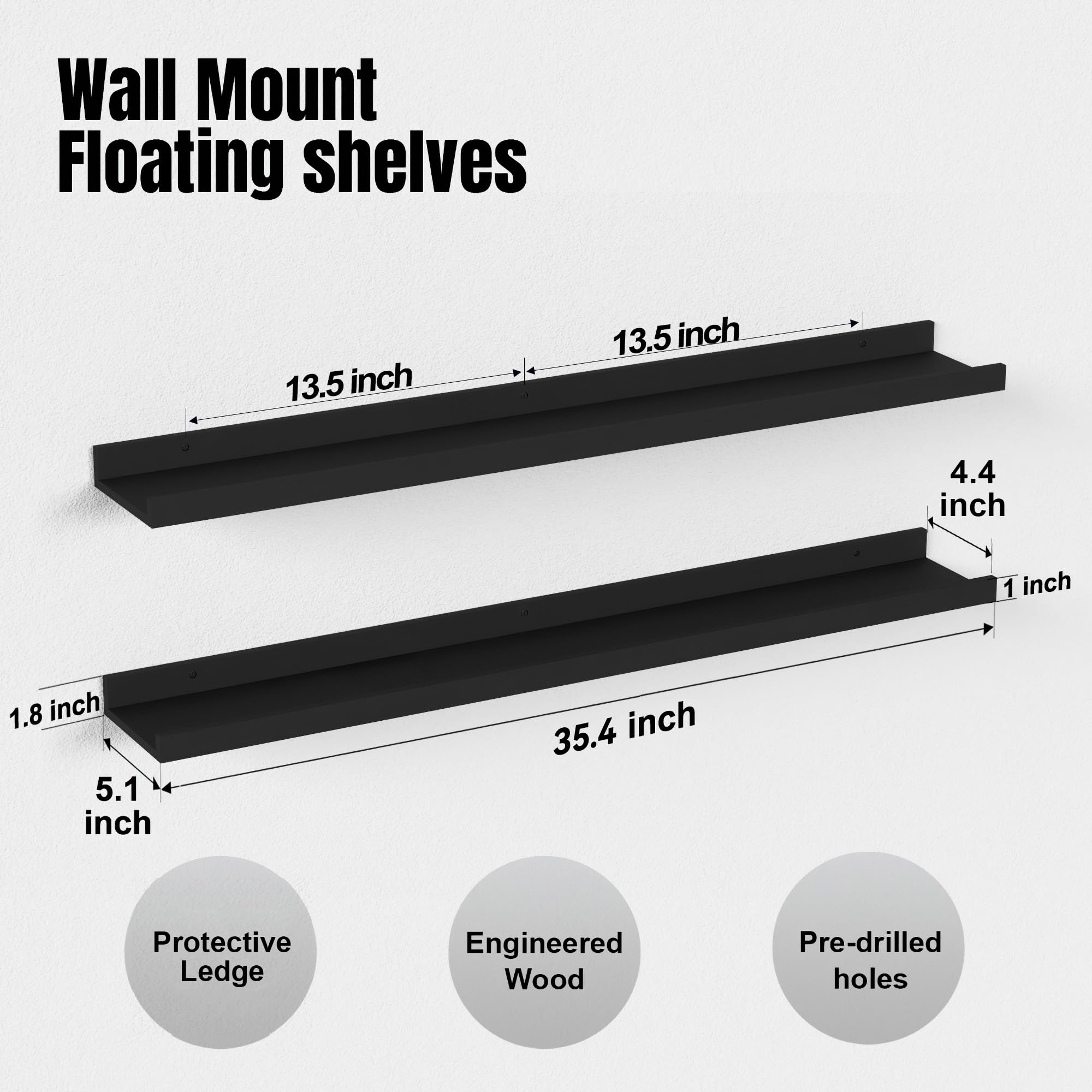 35.4 Inch Floating Shelves Set of 2 - Modern Black Wall Mounted Shelves with Lip for Bedroom, Living Room, Bathroom & Kitchen Decor - Perfect for Books, Photos, Plants & Home Organization (Black)