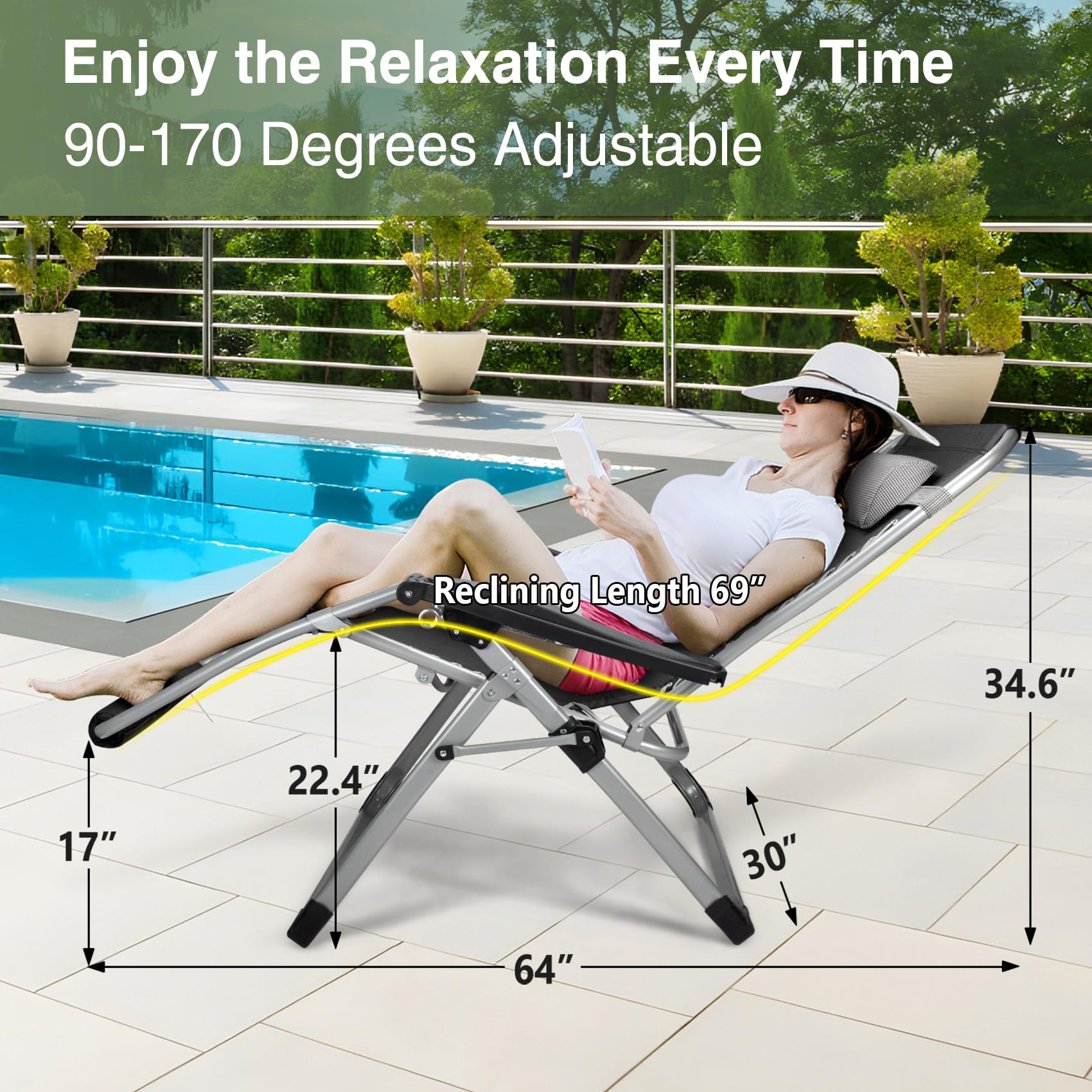 Slendor Oversized Padded Zero Gravity Chair XXL - 33 Inch Heavy Duty Recliner with Pillow & Footrest - 500lb Capacity Folding Lounge Chair for Indoor/Outdoor Use - Perfect for Patio, Poolside, Camping & Backyard Relaxation