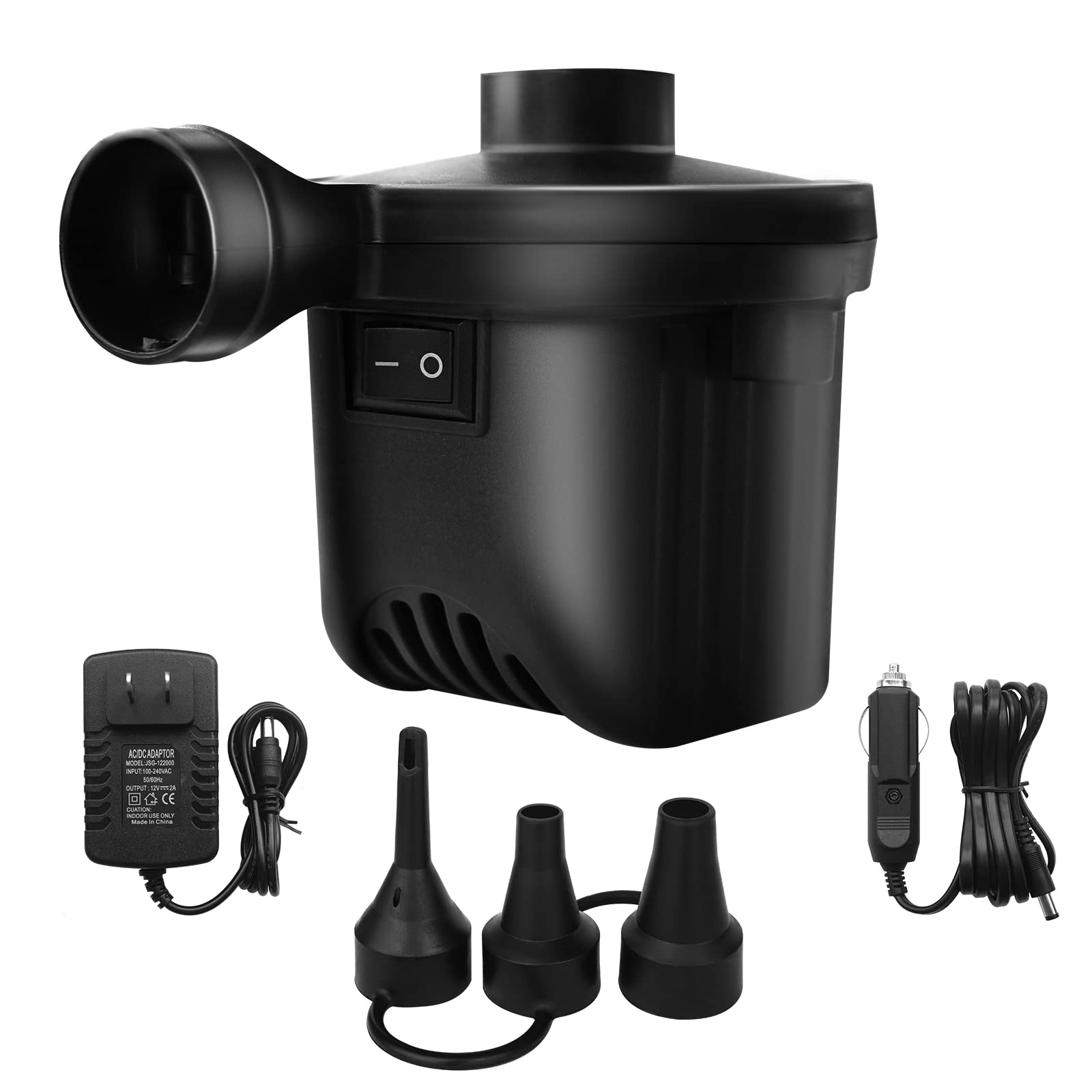 Electric Air Pump for Inflatable Mattress, Couch, Pool Floats - Fast Inflation & Deflation with 3 Nozzles - 110V AC/12V DC Power - Perfect for Camping, Boating, Pool Parties & Home Use